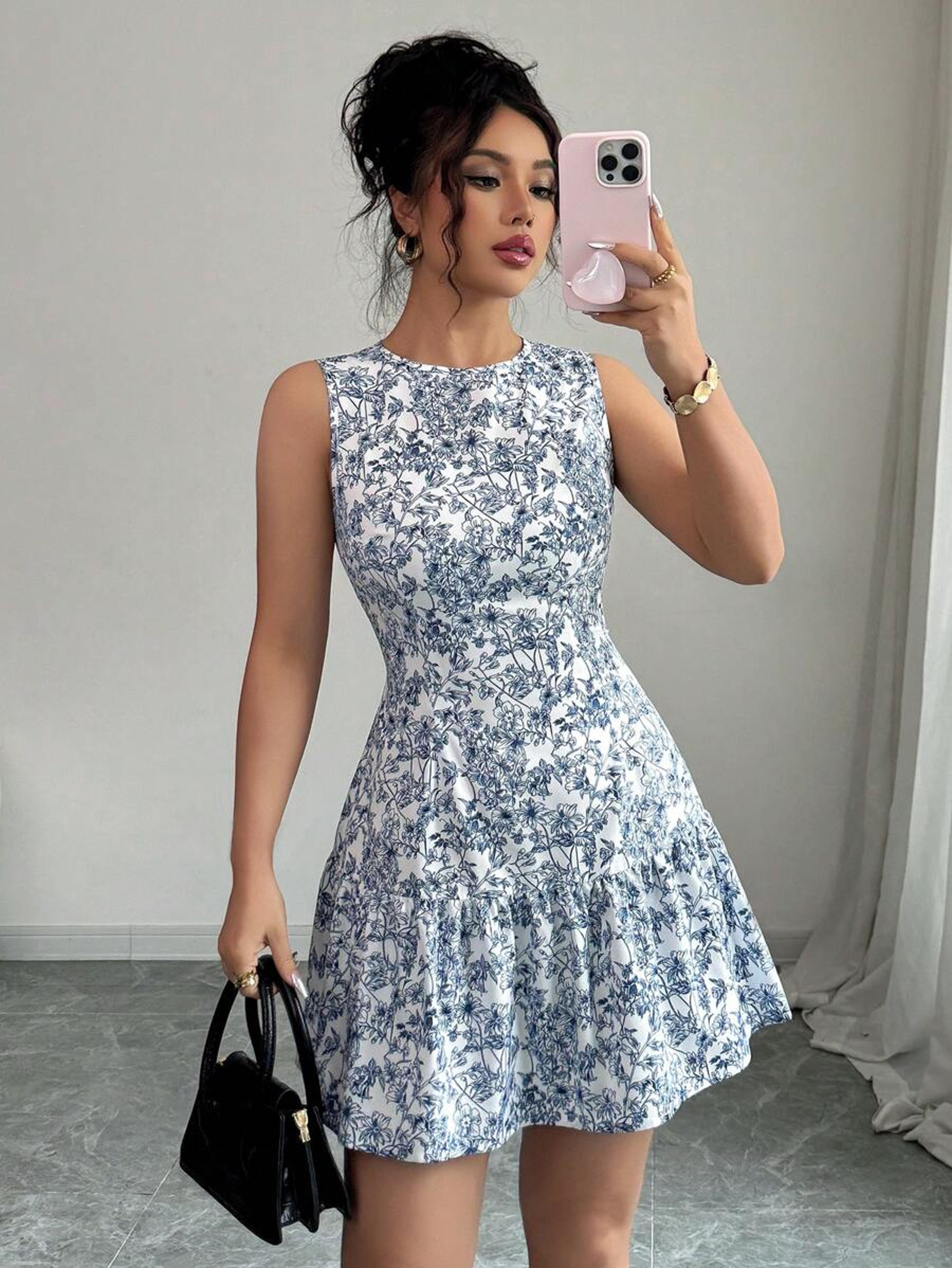 french style blue white floral boho sleeveless summer dress for women casual elegance