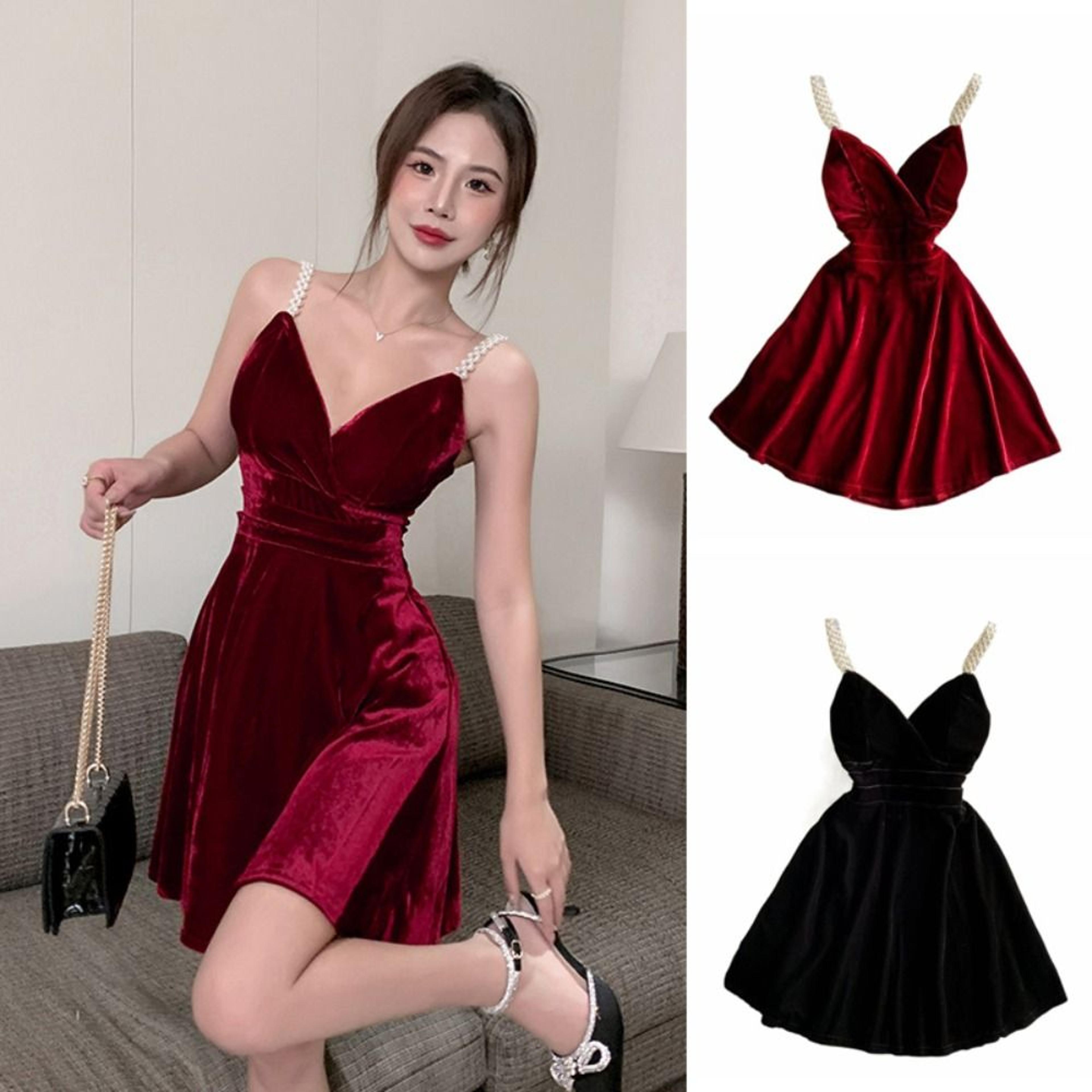 pearl strap velvet v neck slim sling dress high waist women cocktail dress