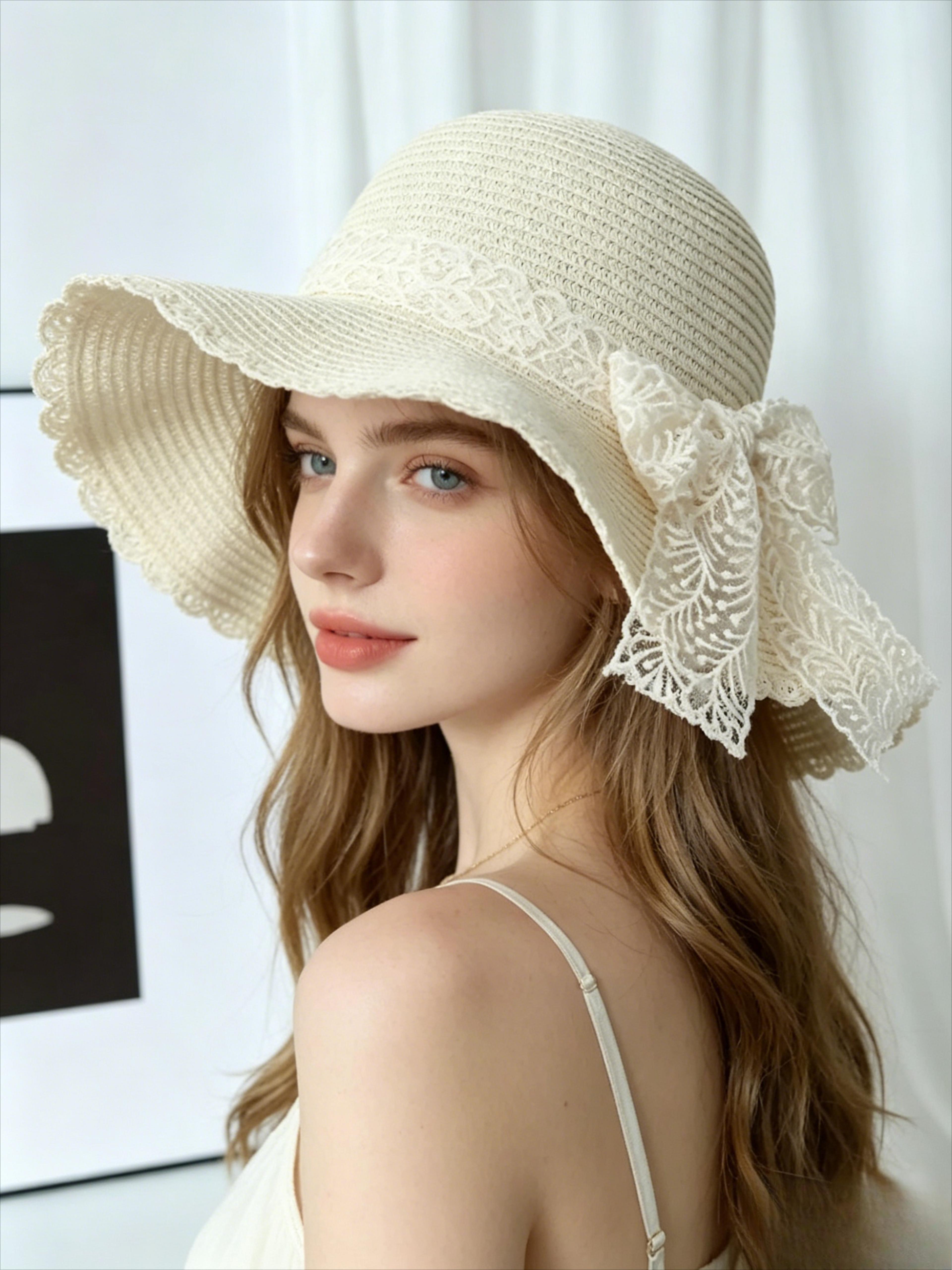 womens wide brim straw sun hat with bow for beach vacation