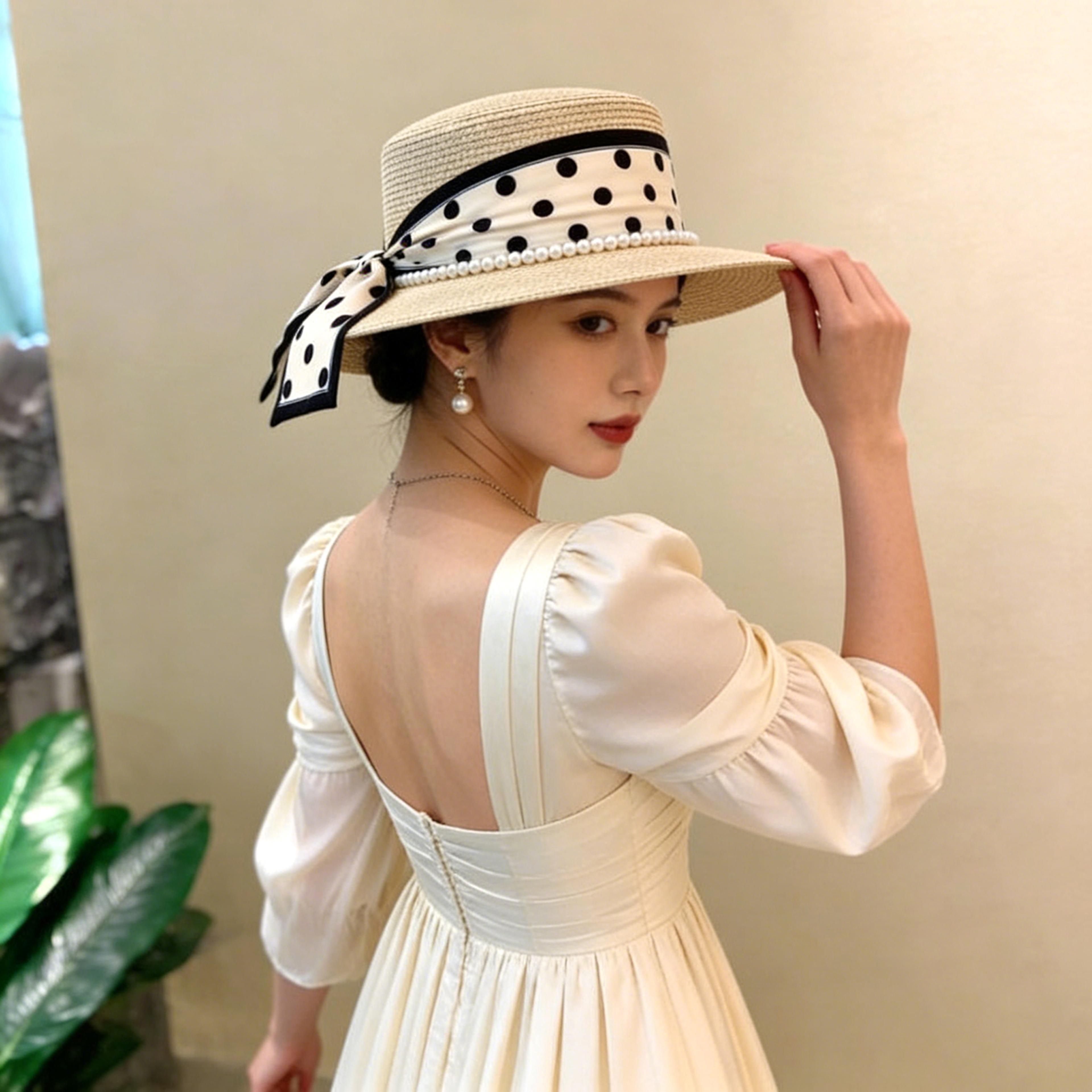 elegant wide brim straw hat for women with dot ribbon pearl detail