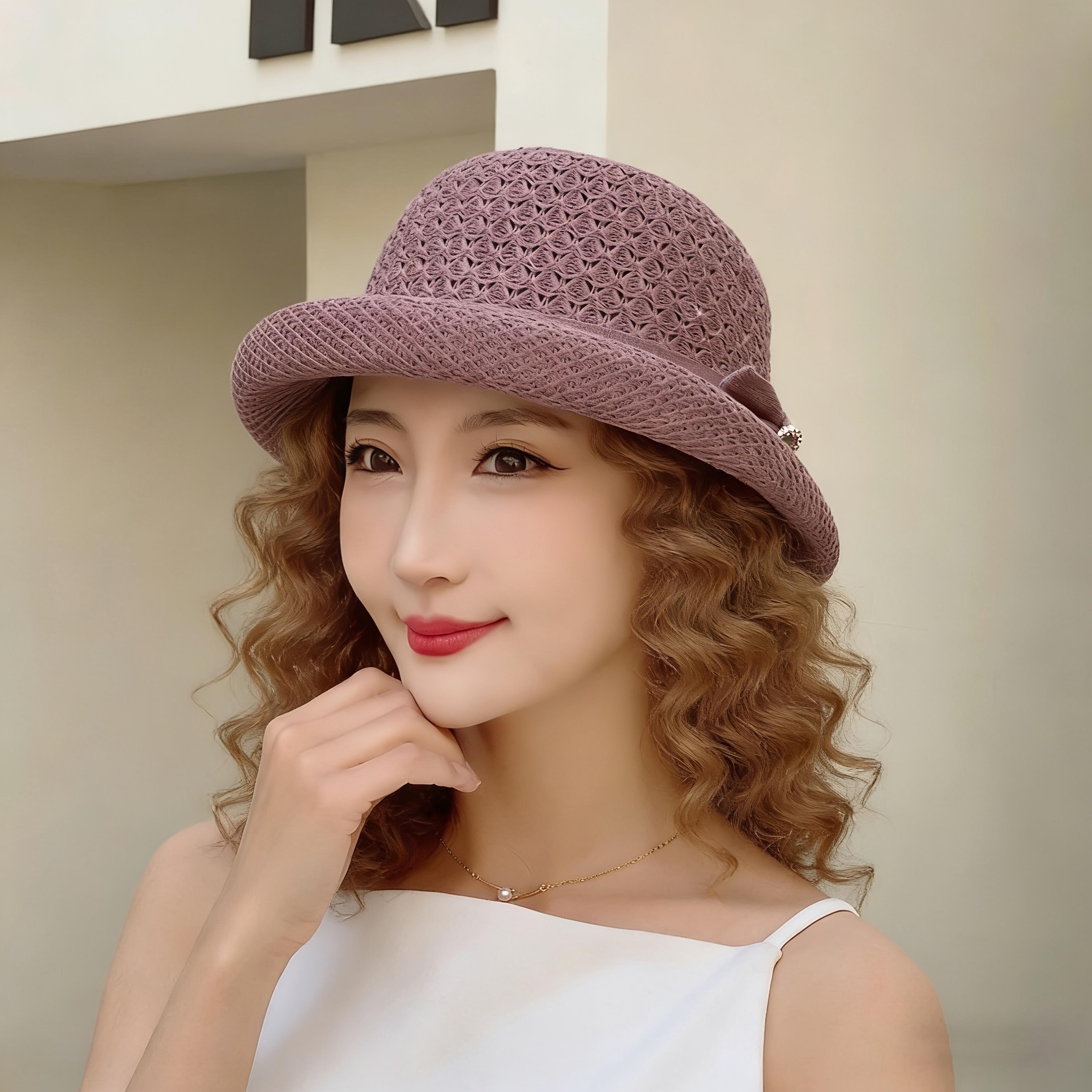 breathable crochet bucket hat for women with bow rhinestone clasp