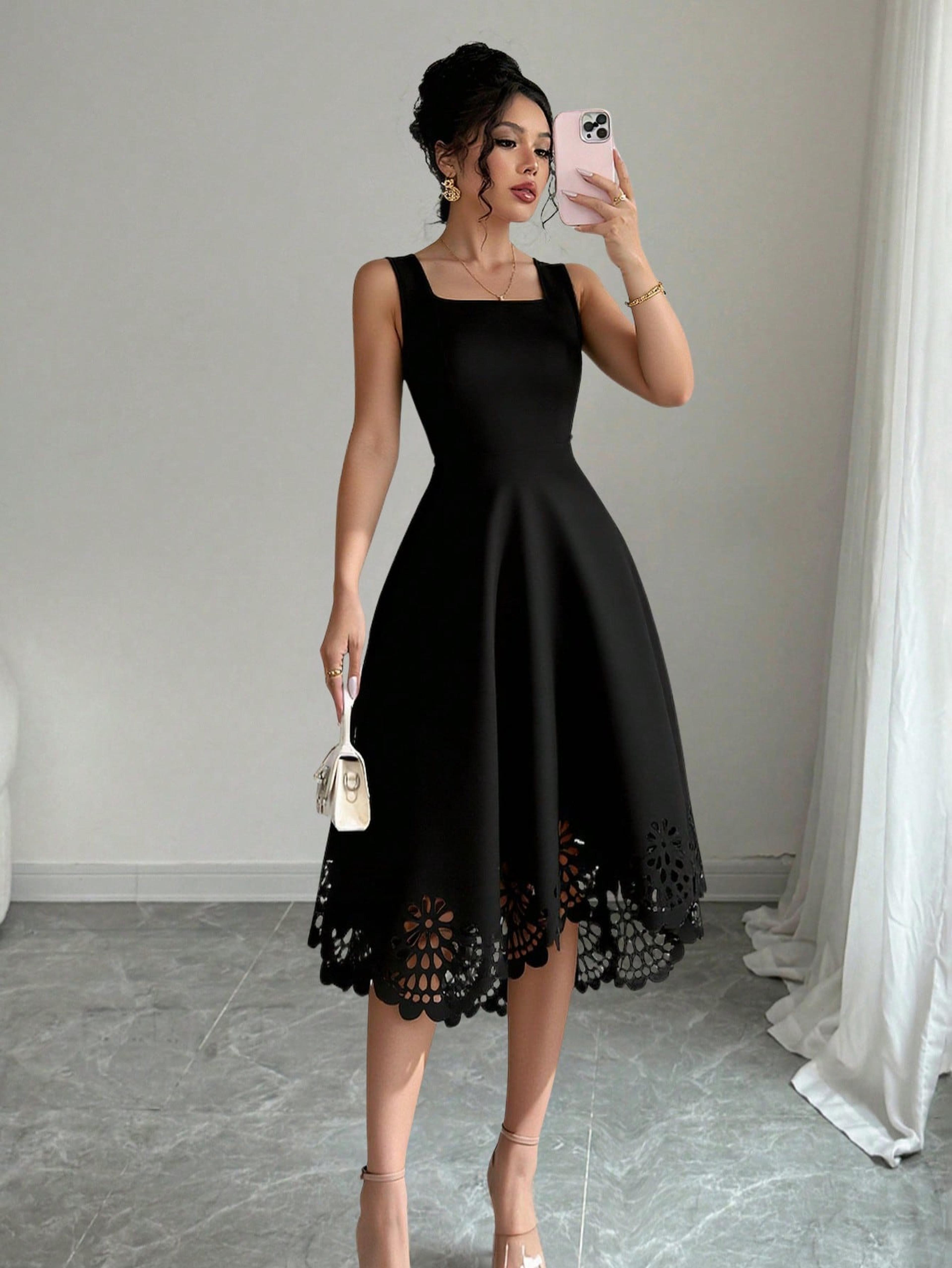 product name minimalist black fit and flare dress laser cut casual wedding guest dress