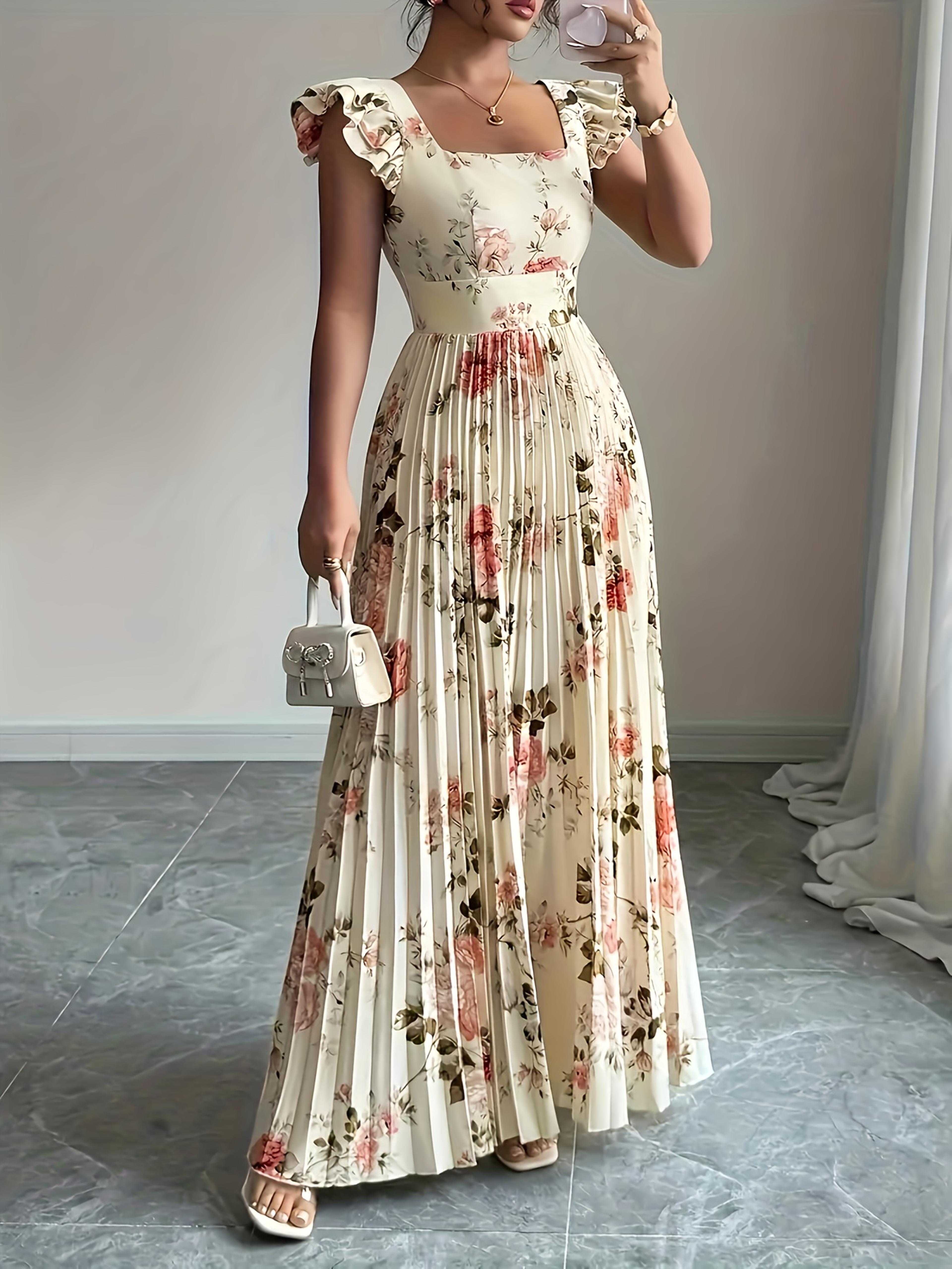 beige floral pleated midi dress – elegant square neck ruffle evening gown
