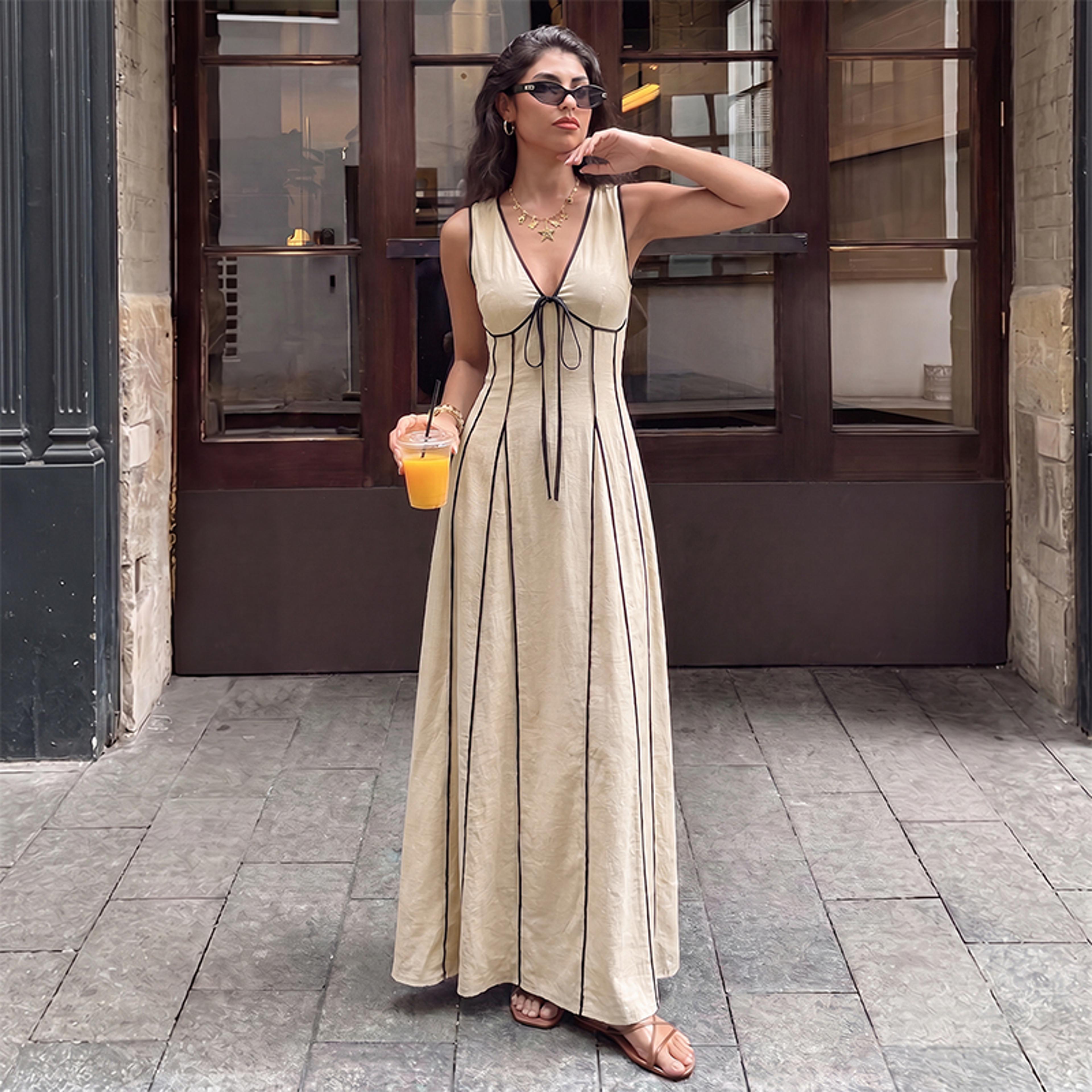 retro v neck color contrast a line corset dress