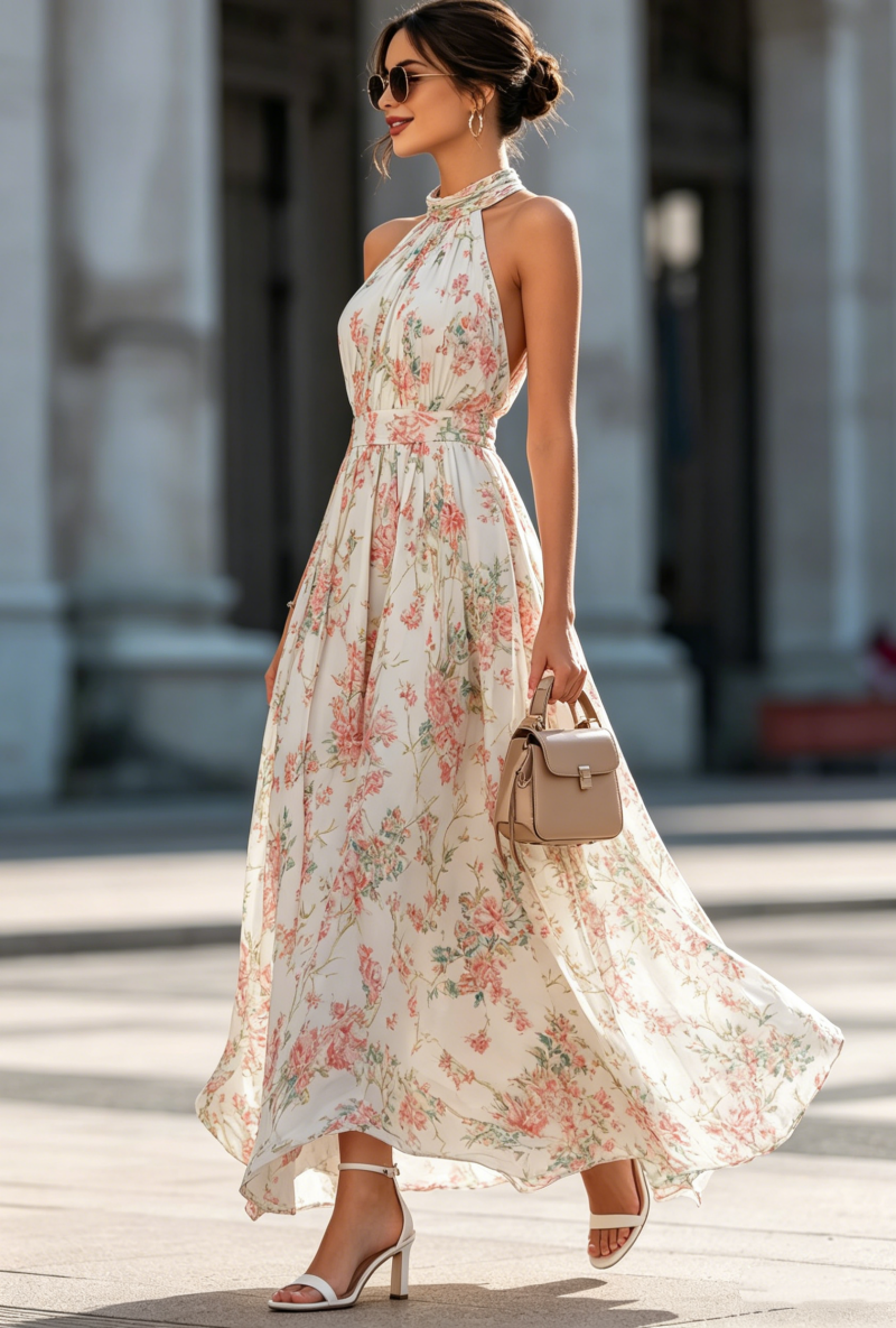 elegant floral chiffon halter maxi dress for wedding guest and summer party
