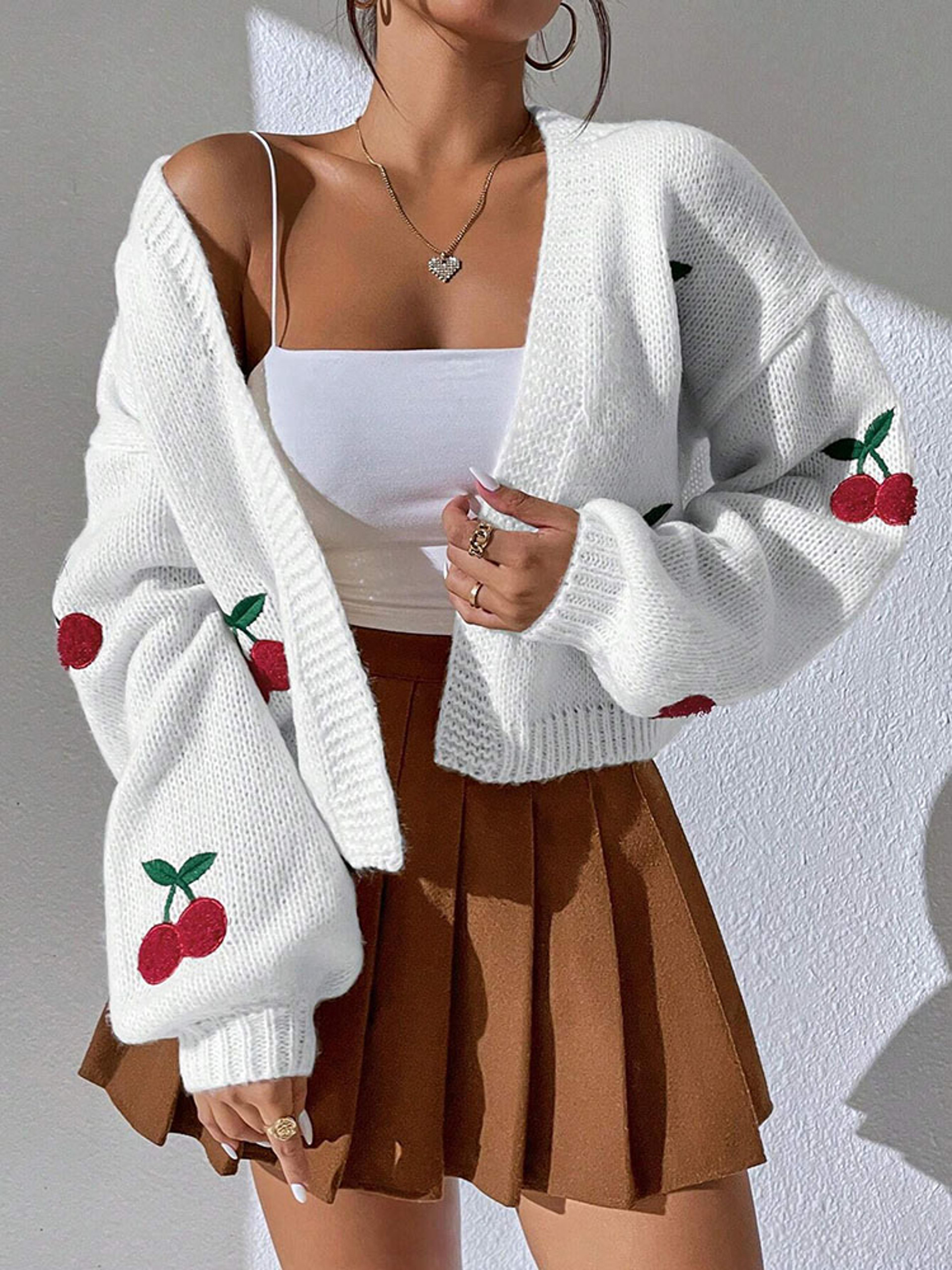 cherry embroidery cardigan loose low shoulder casual commuter knit jacket
