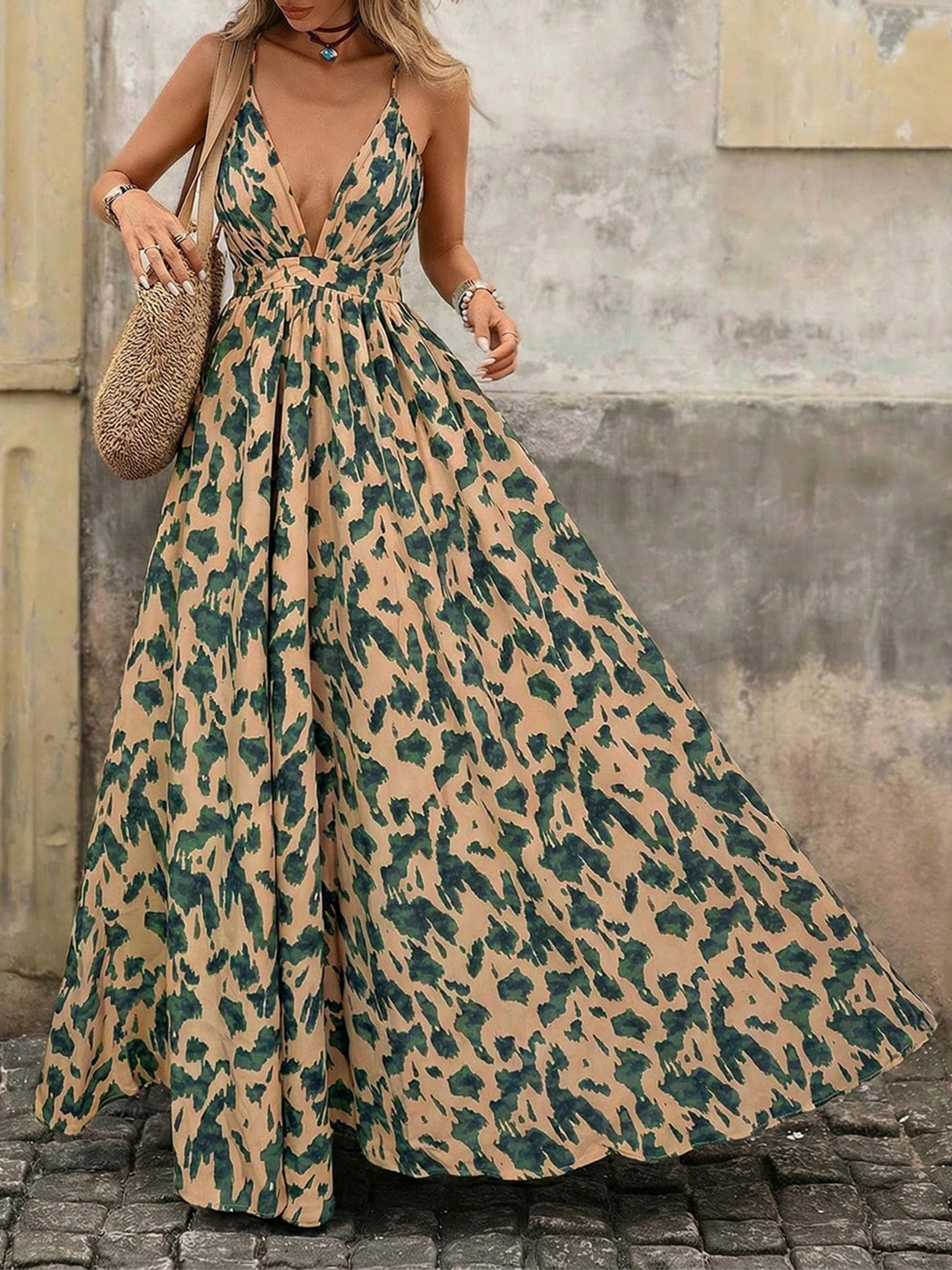 boho spaghetti strap maxi dress flowy abstract print a line summer beach vacation dress with cross back