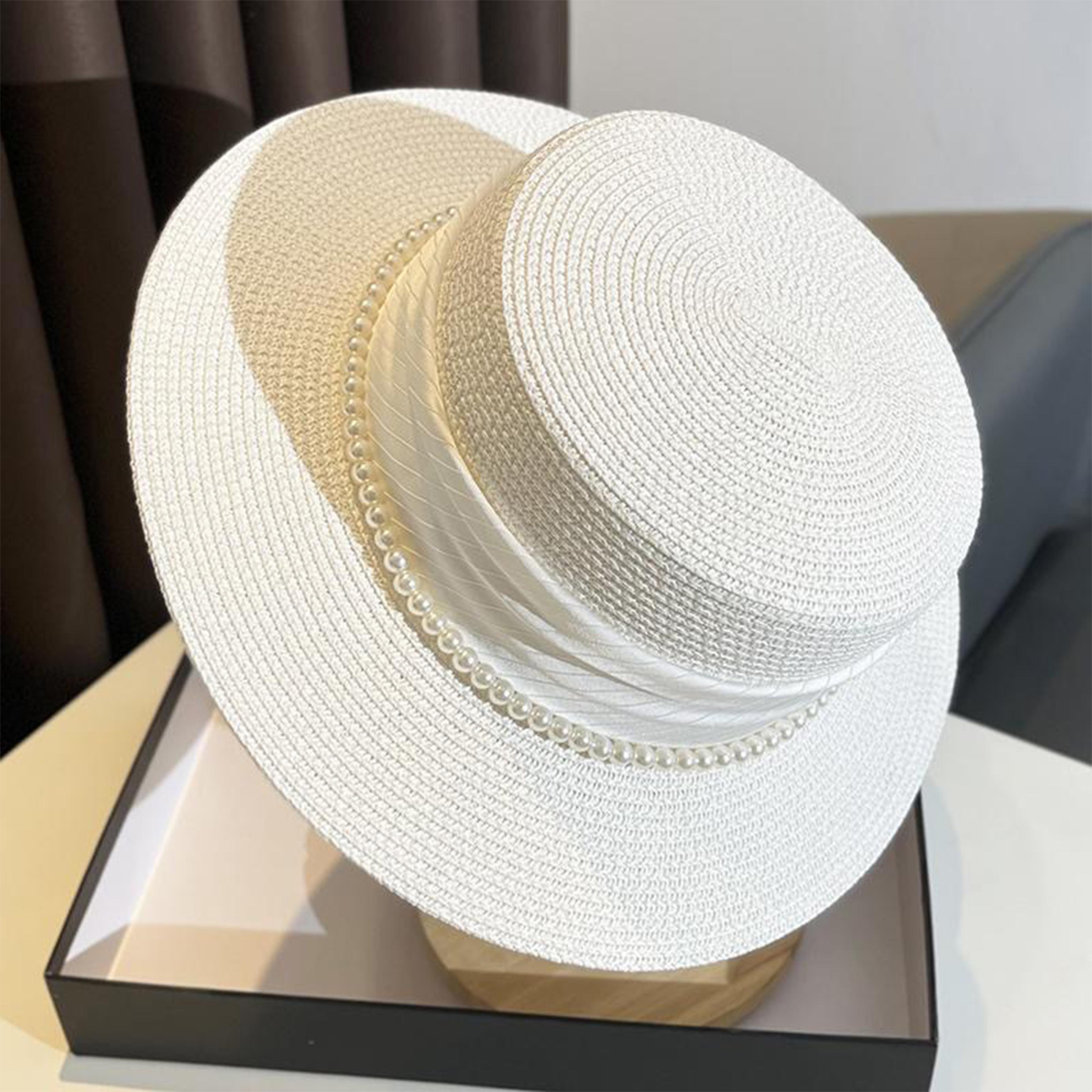 elegant satin and pearl wide brim women's flat top sun hat