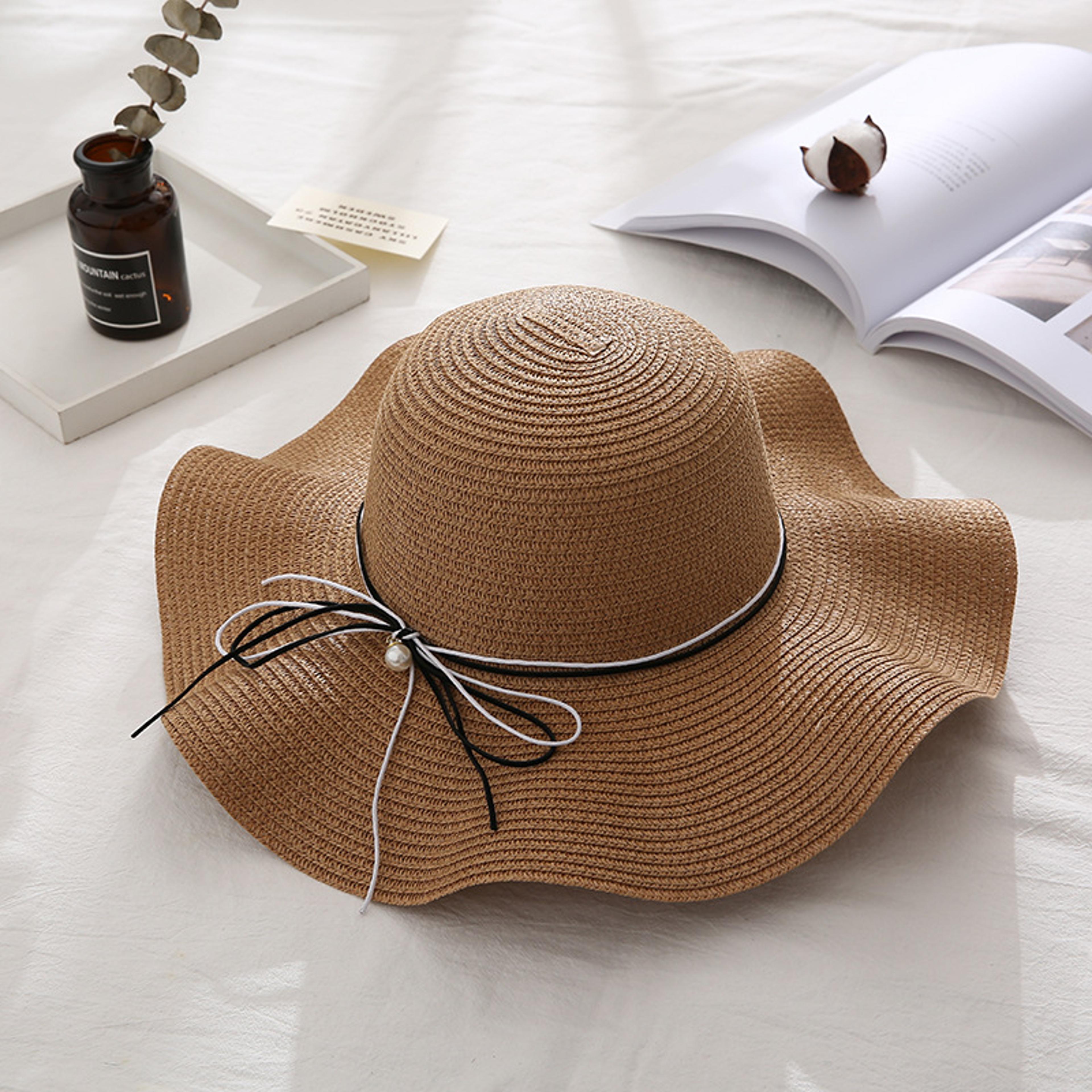japanese style wide brim straw sun hat with bow accent