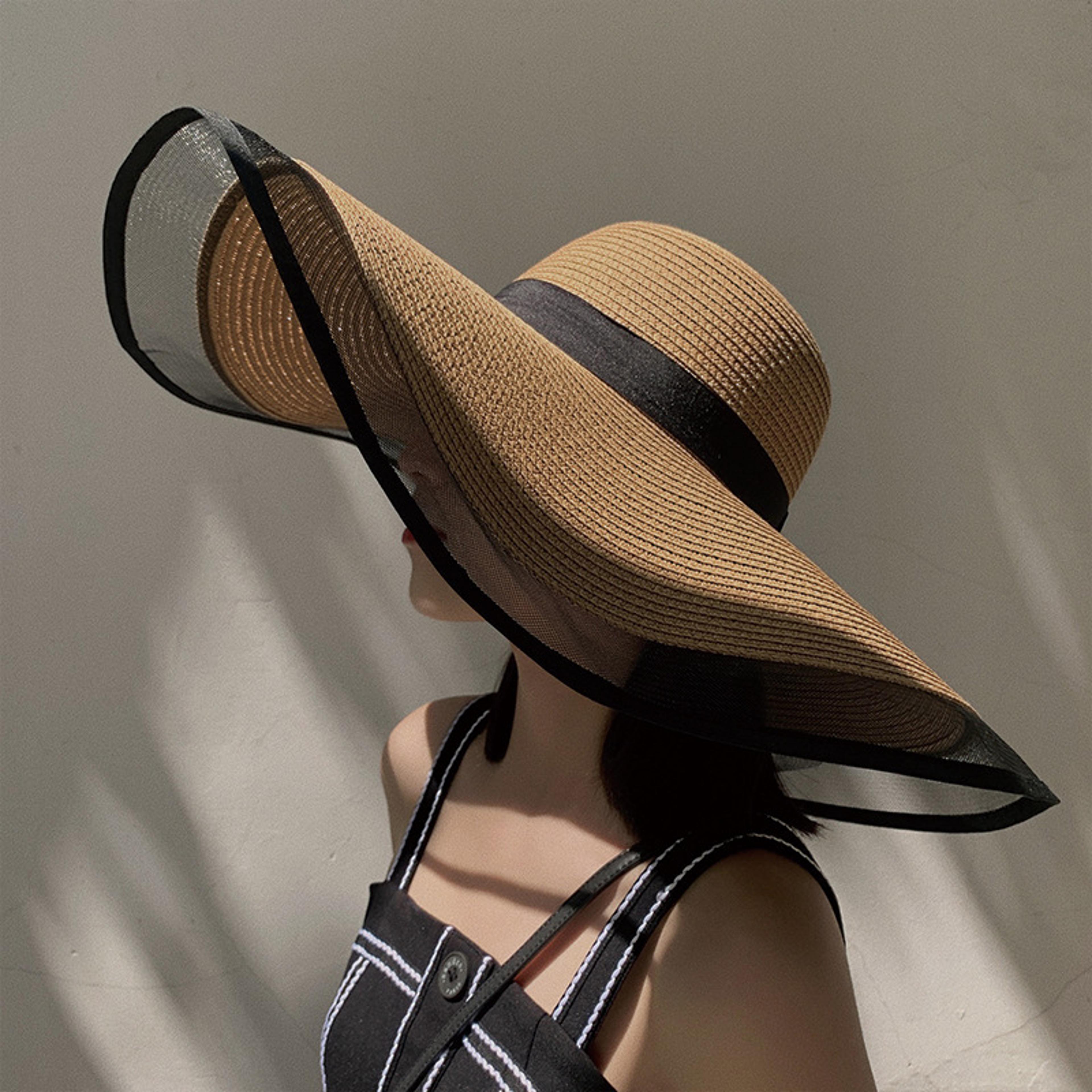 vintage wide brim straw hat: foldable uv protection sun hat & wavy beach cap