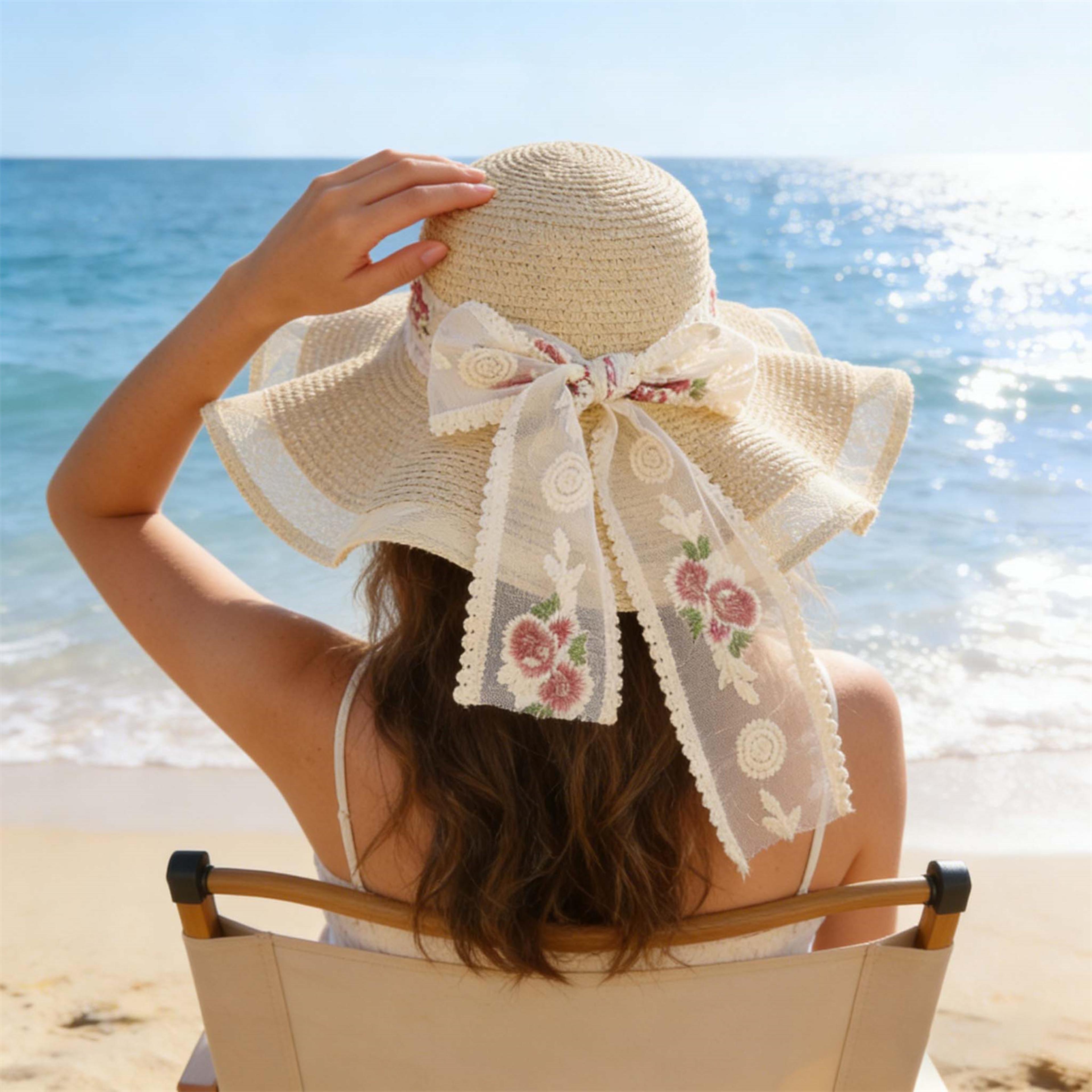 elegant women's wide brim straw hat with ribbon bow – packable sun protection beach hat