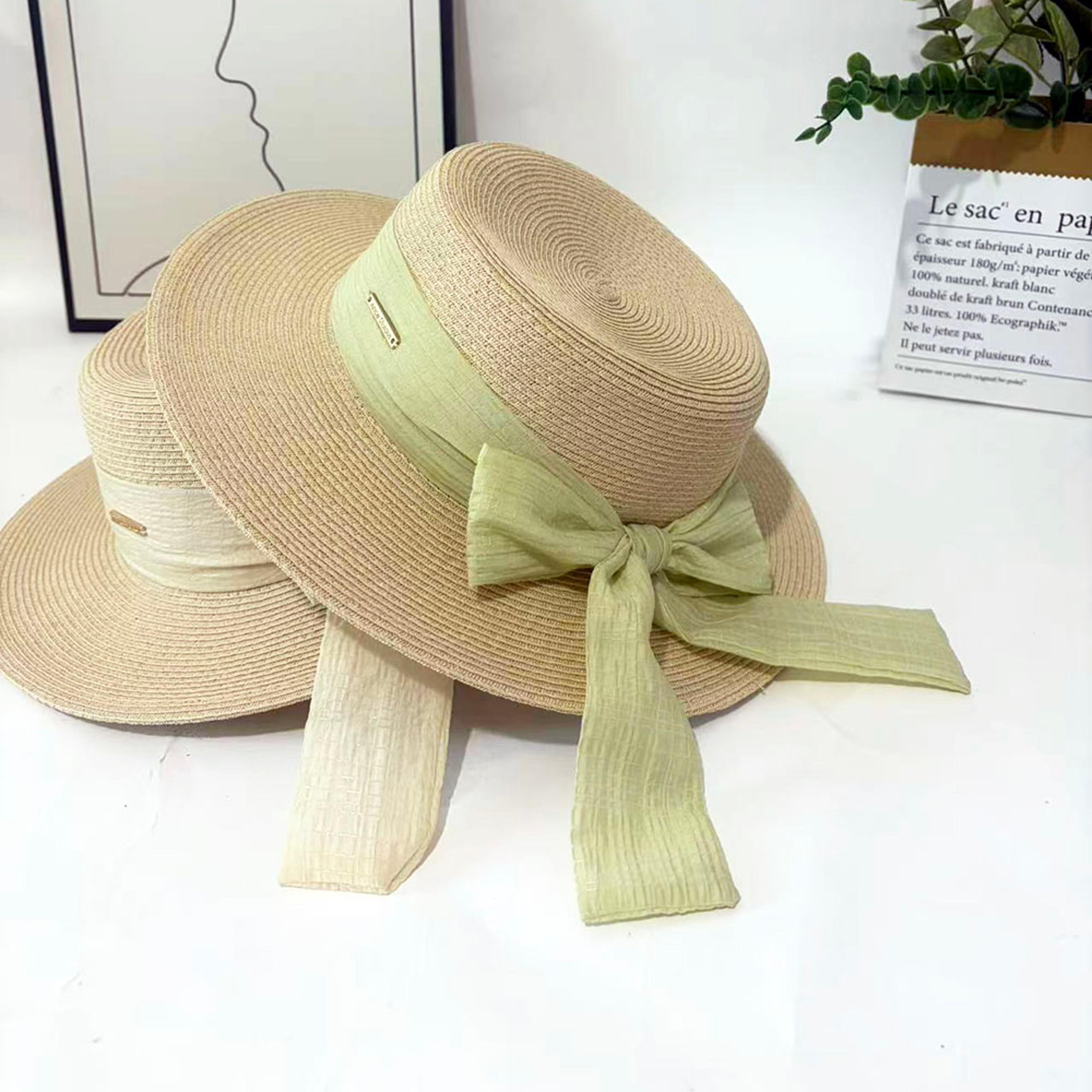 elegant bow ribbon flat top straw hat for women