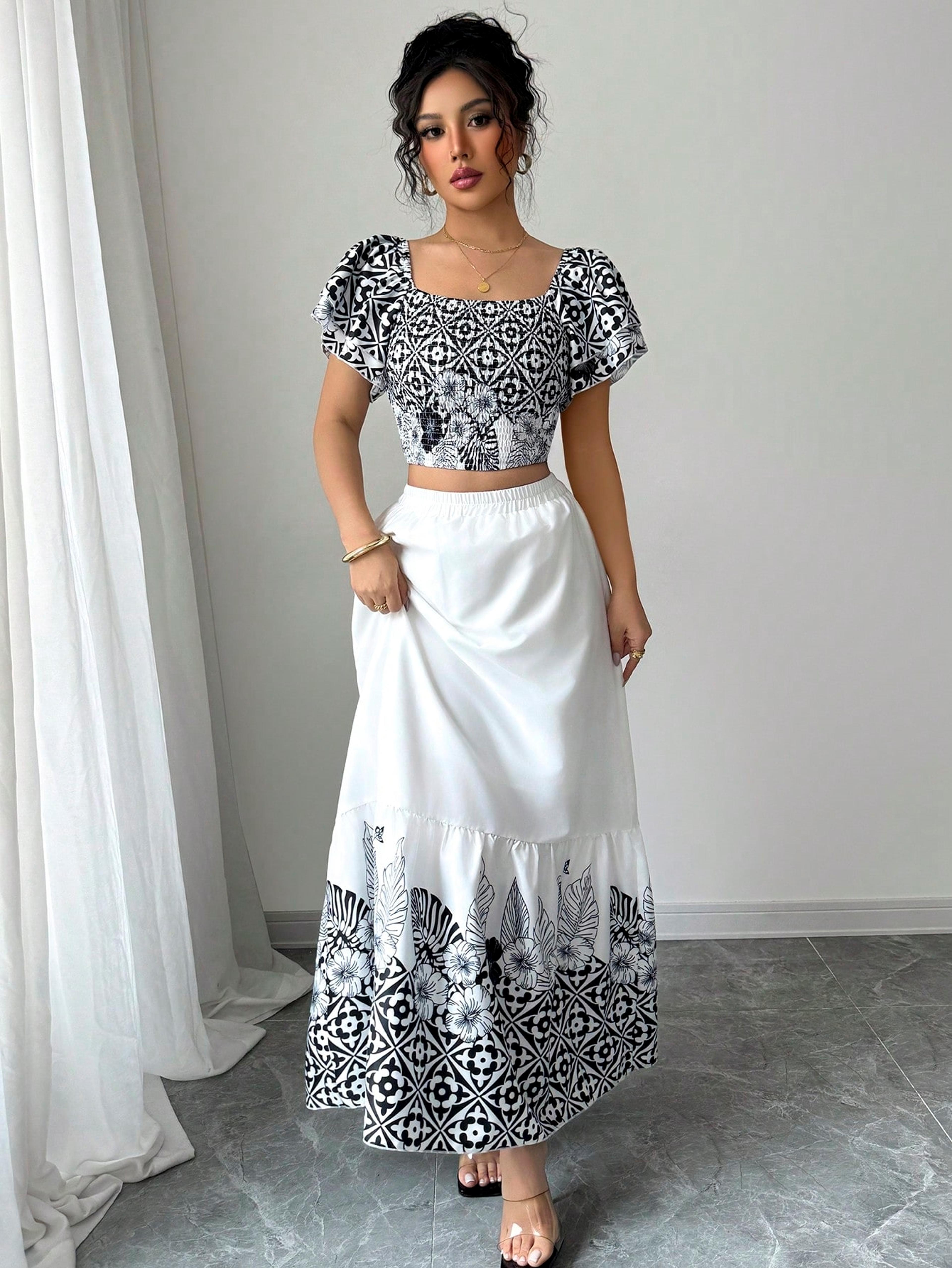 boho chic off shoulder top and skirt set floral print casual two piece summer vacation outfit