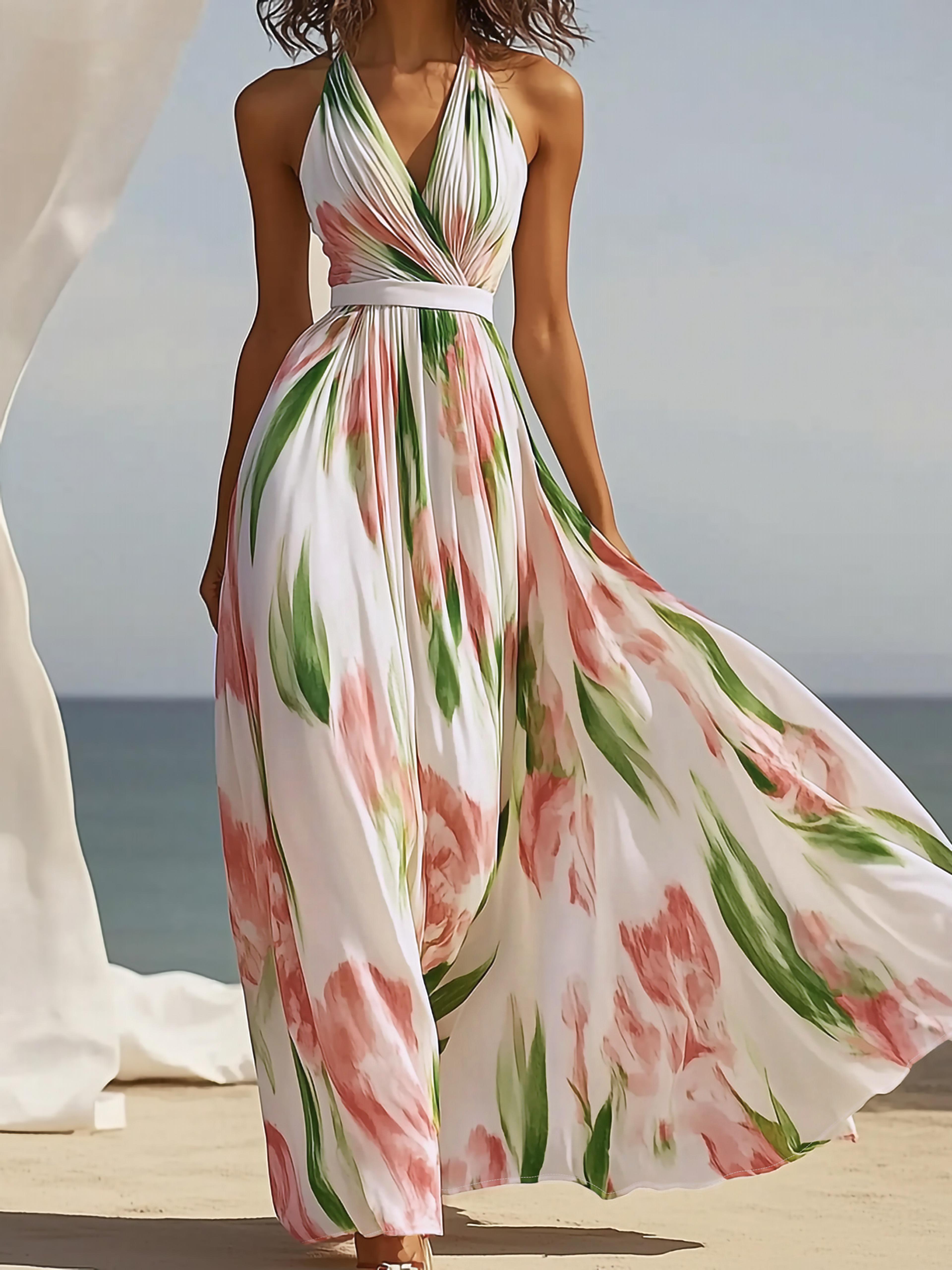 elegant floral halter maxi dress flattering v neck summer beach outfit