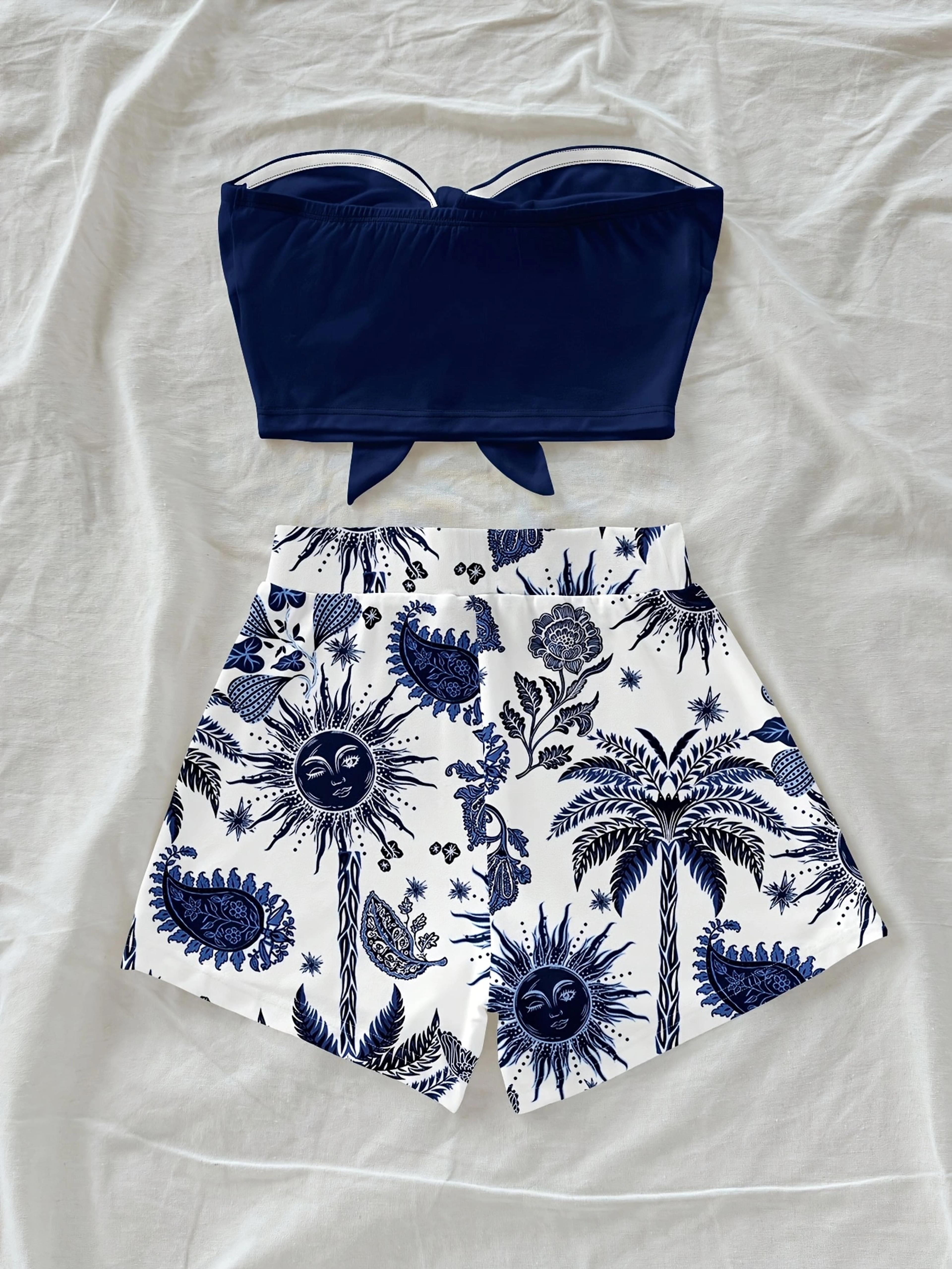 womens tropical print two piece set summer beach vacation sleeveless top and shorts outfit