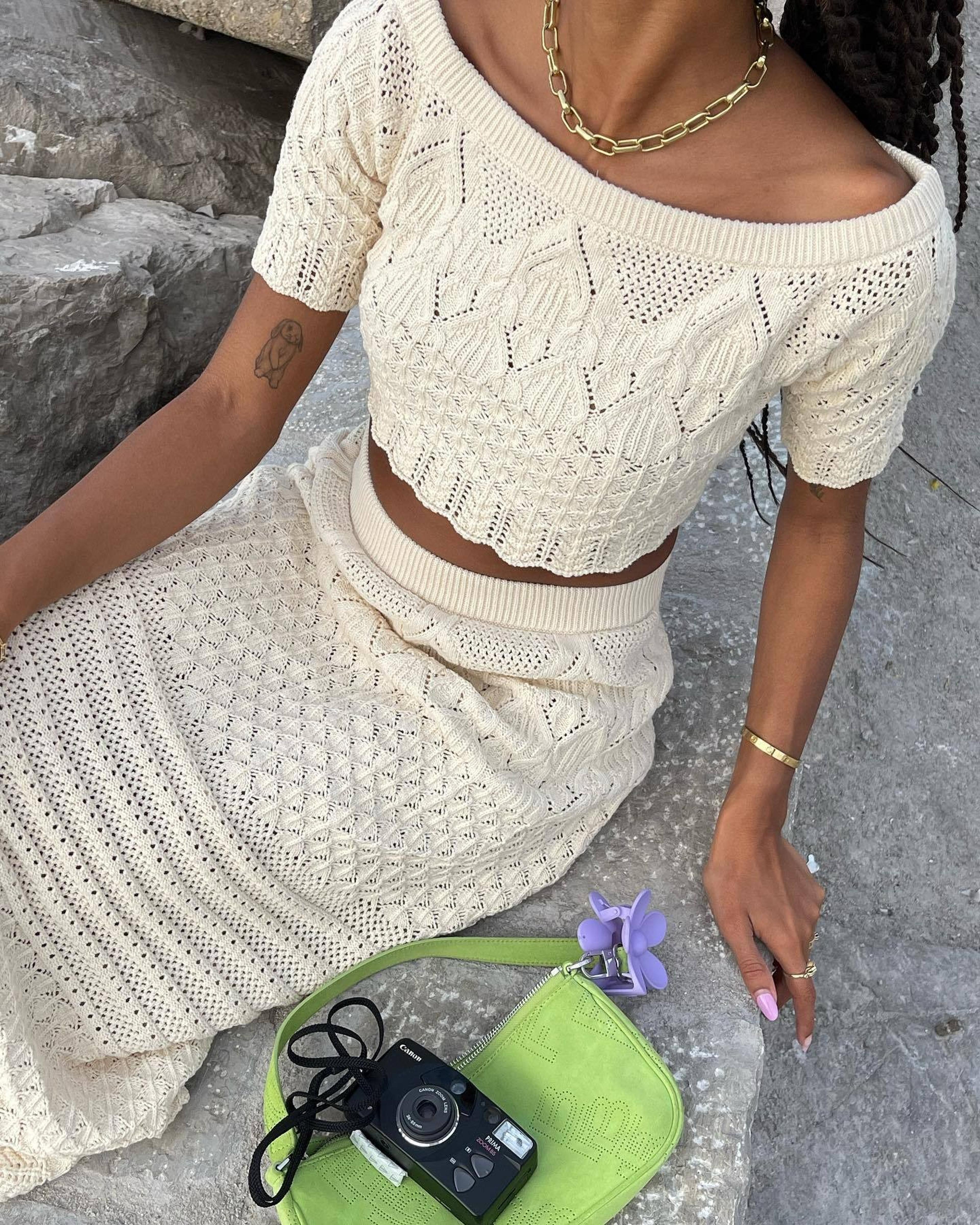 crochet matching set with off shoulder crop top & hollow out maxi skirt