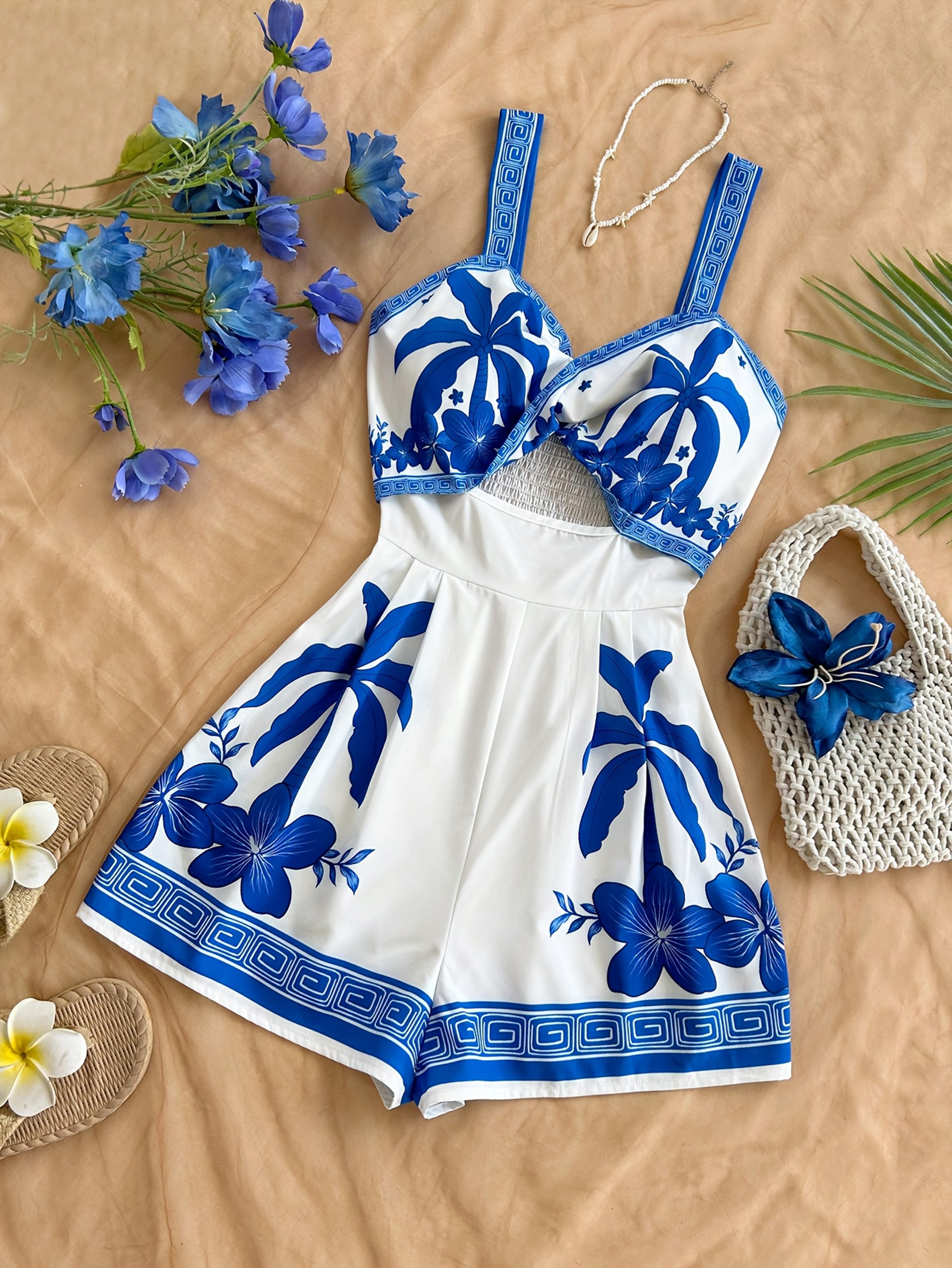 tropical palm tree print cut out summer jumpsuit for women vacation