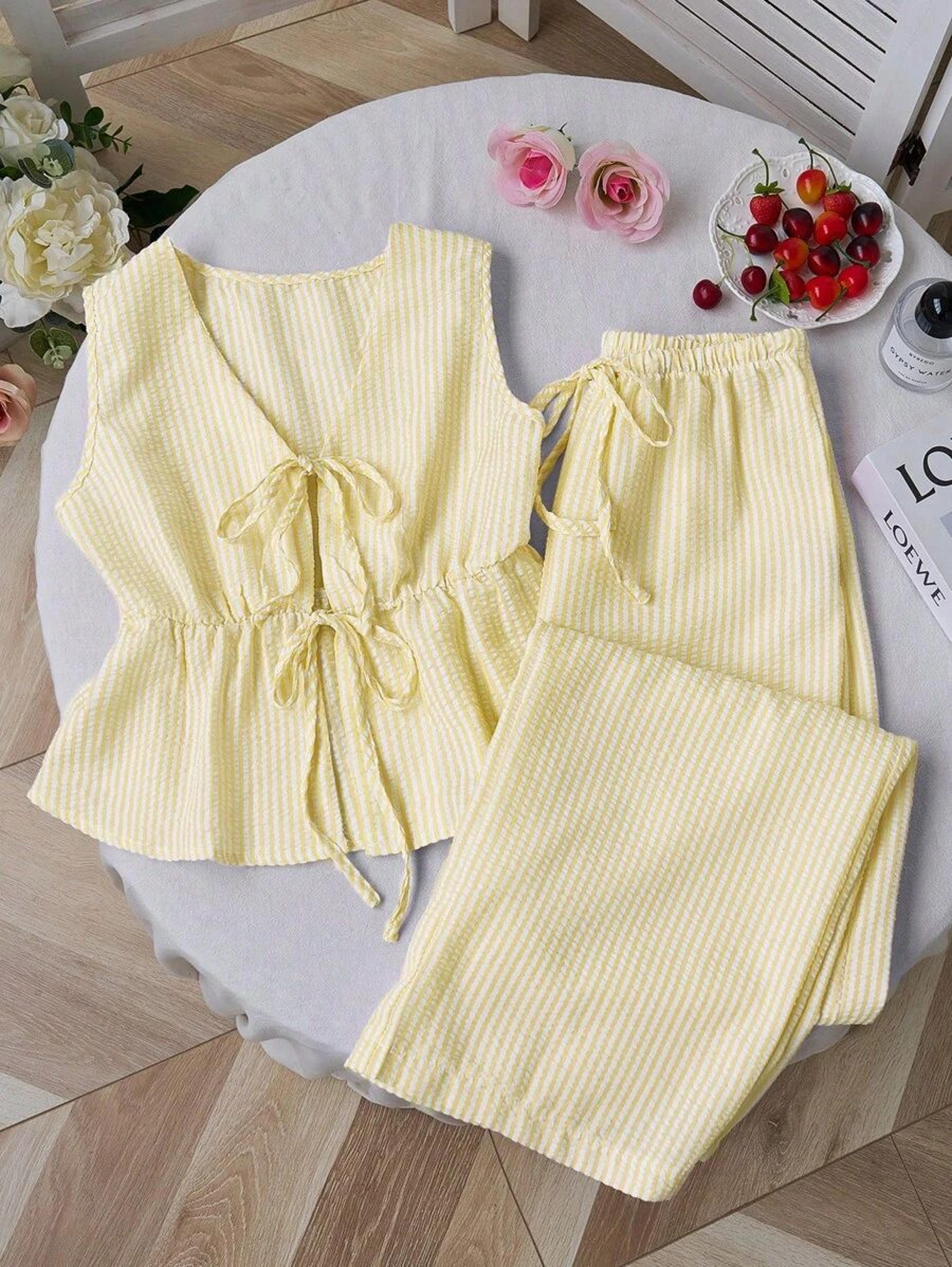 women striped two piece summer set v neck lace up blouse wide leg pants