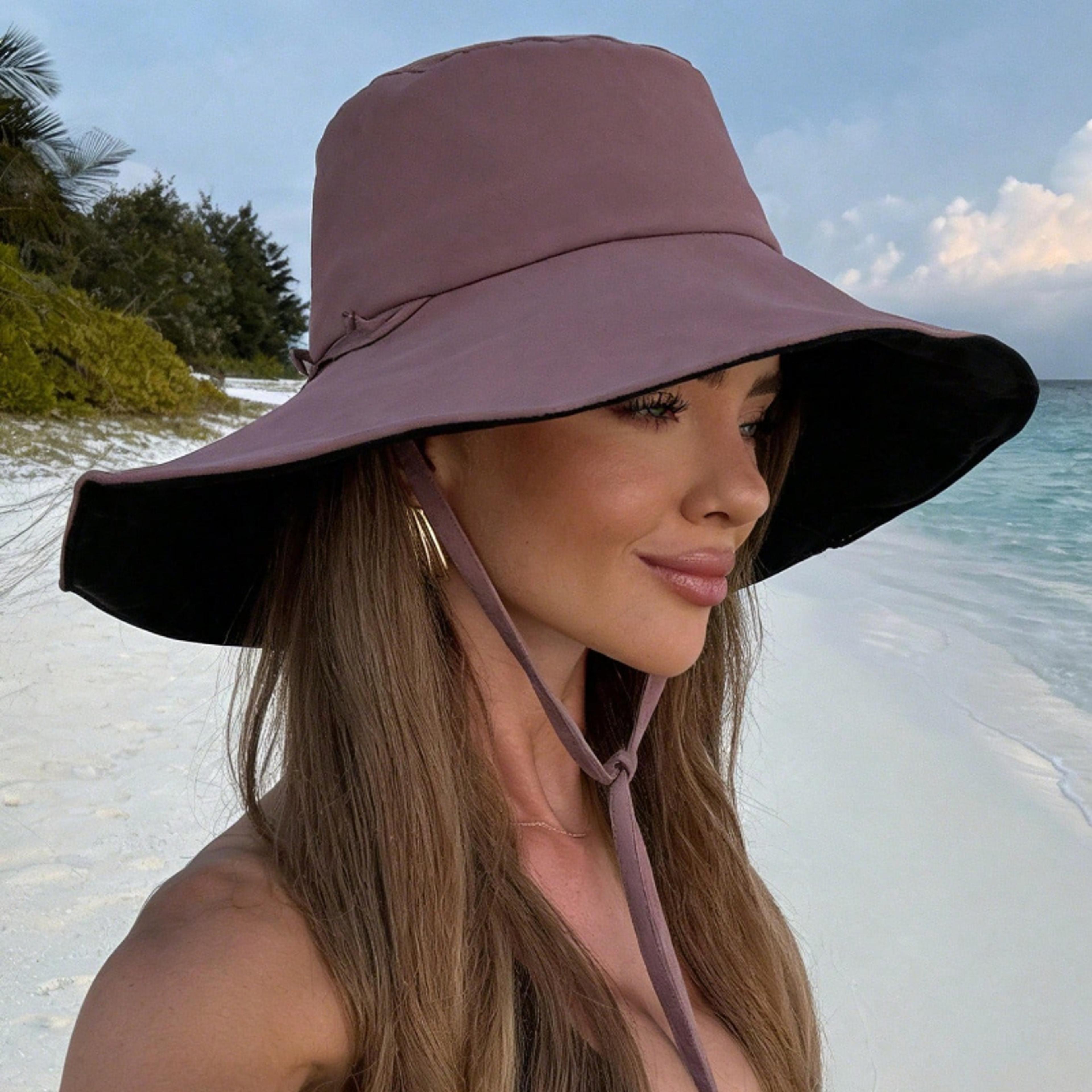 womens distressed summer beach bucket hat with adjustable chin strap & frayed wide brim for sun protection