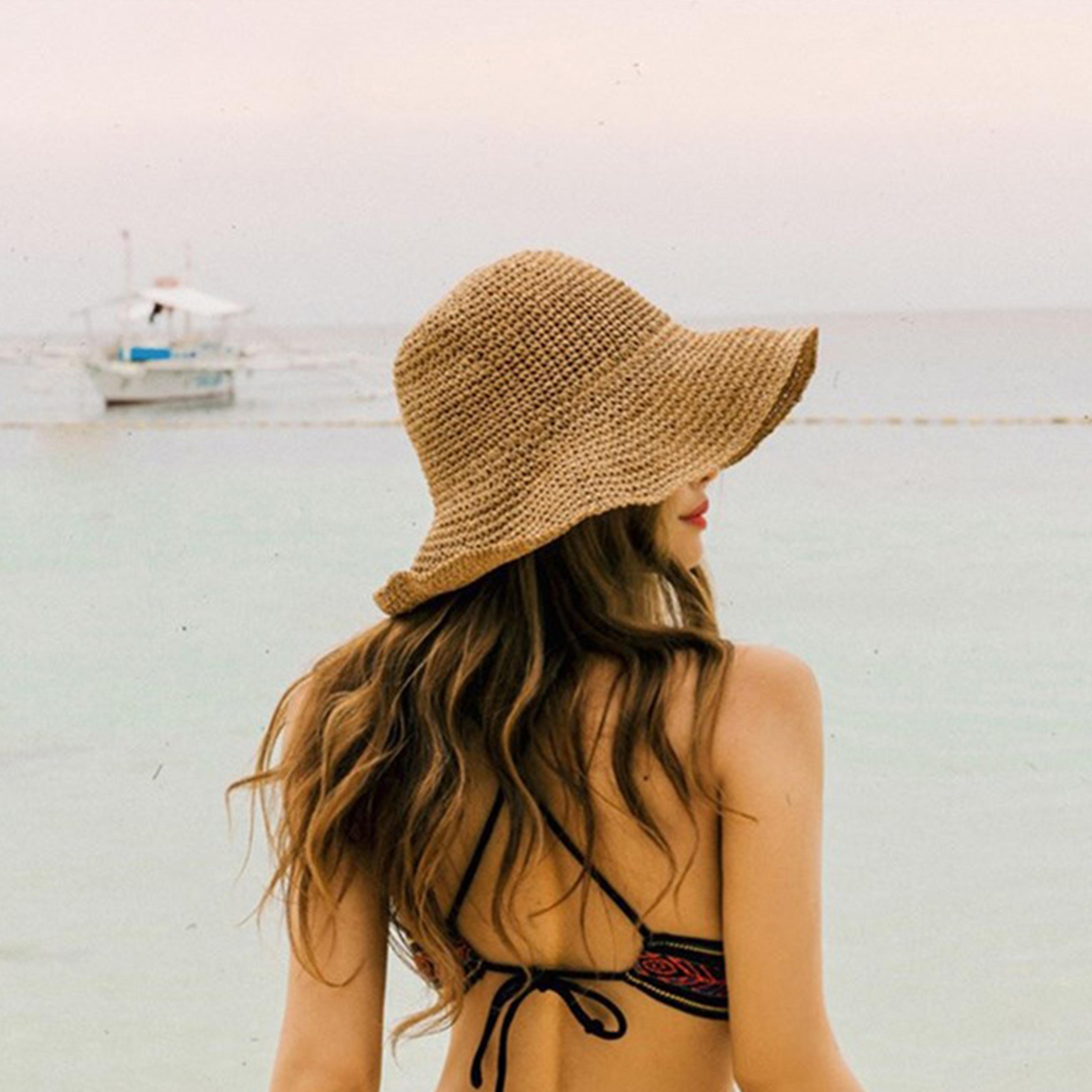 wide brim straw hat for women foldable sun beach cap