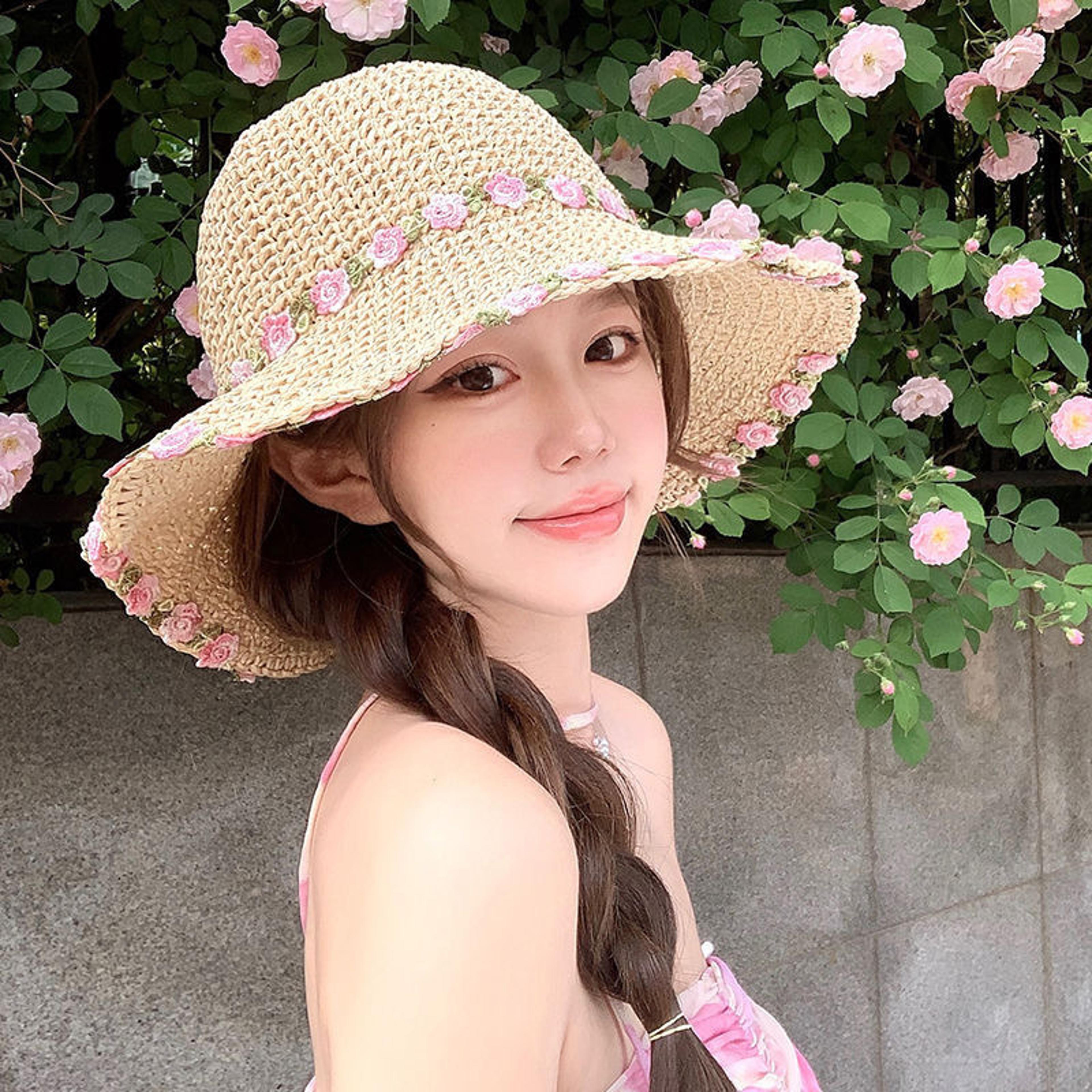 wide brim straw sun hat foldable flower beach cap