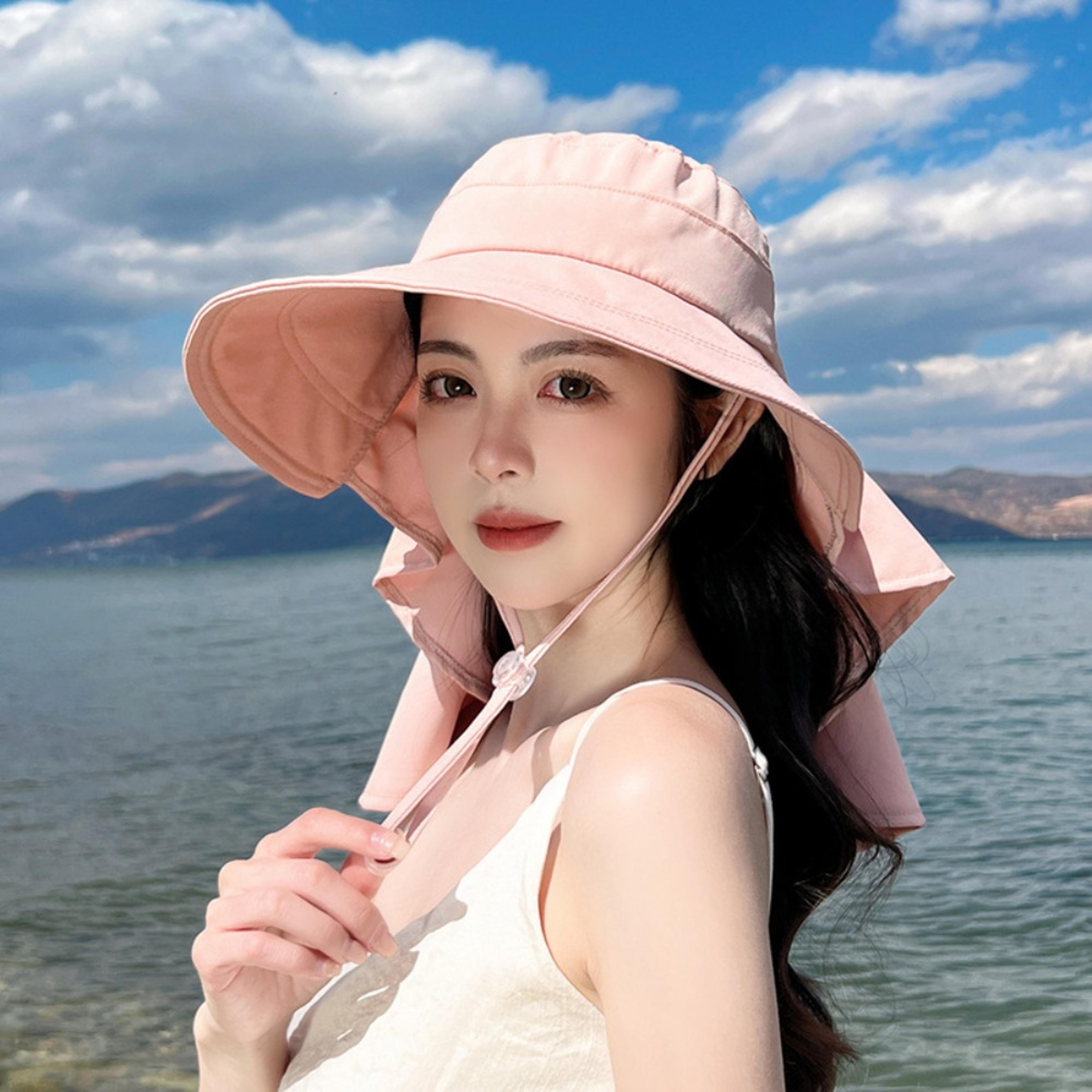 wide brim ponytail sun hat with removable neck shawl