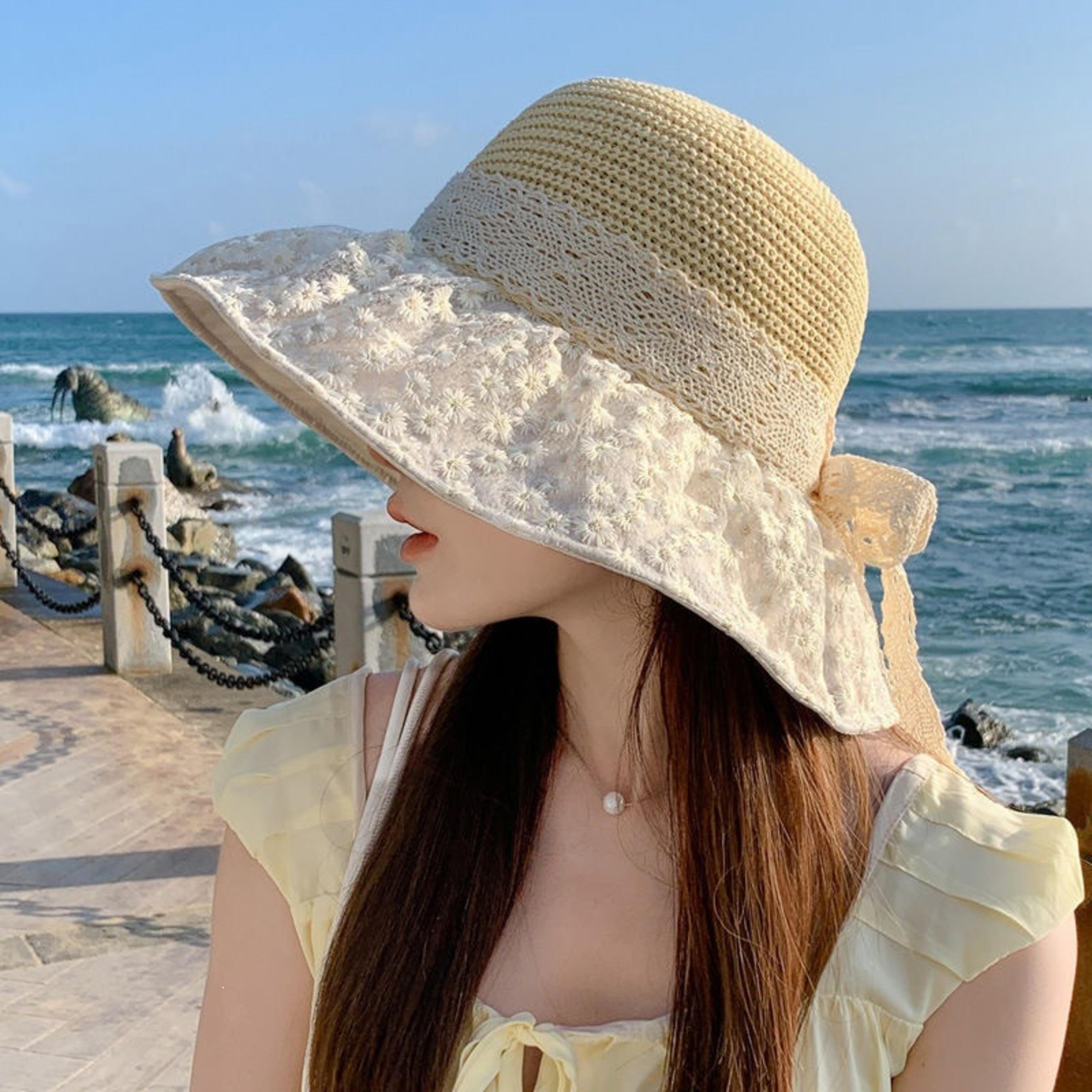 chic daisy wide brim straw hat foldable beach vacation sun cap
