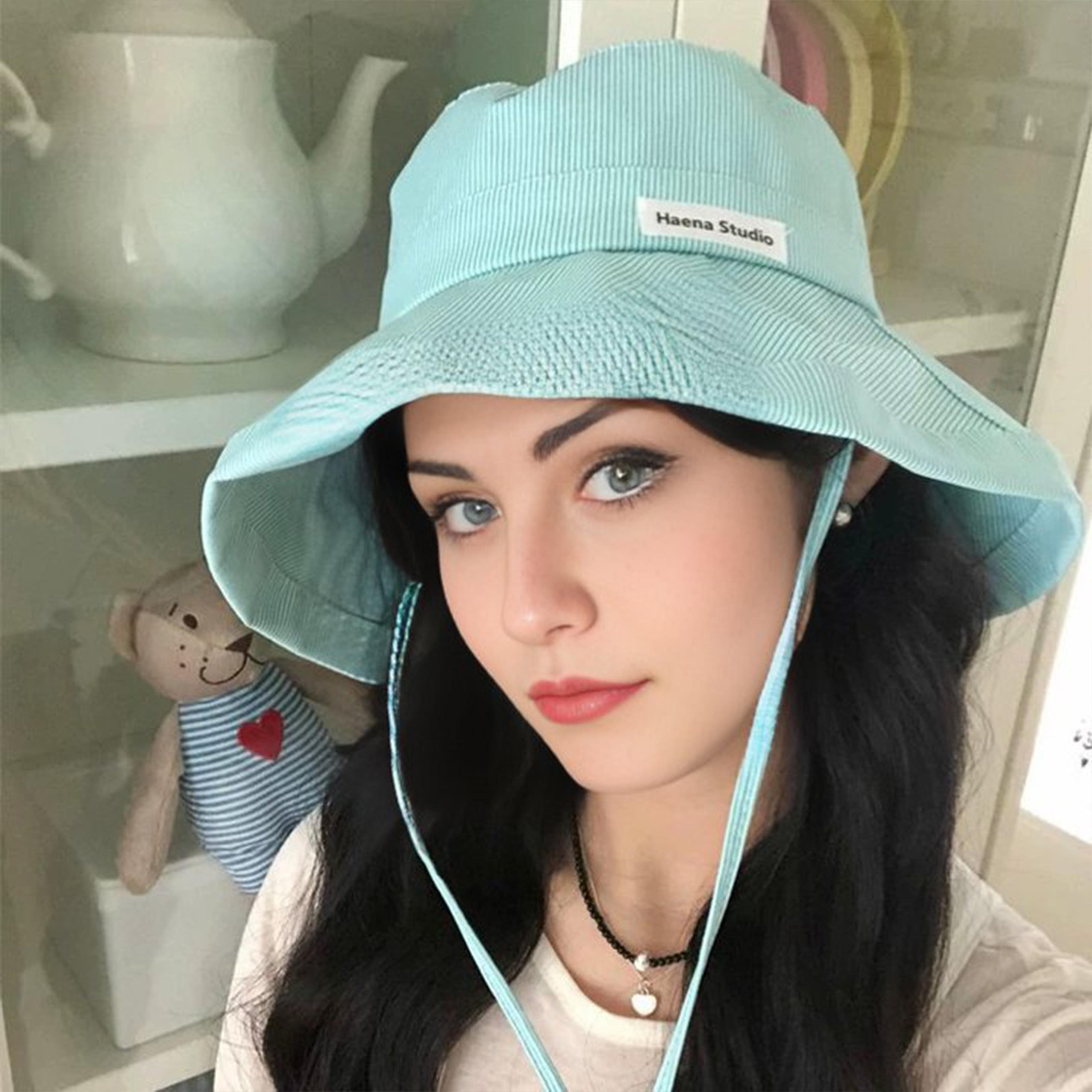 korean wide brim sunscreen bucket hat stripe fisherman panama cap