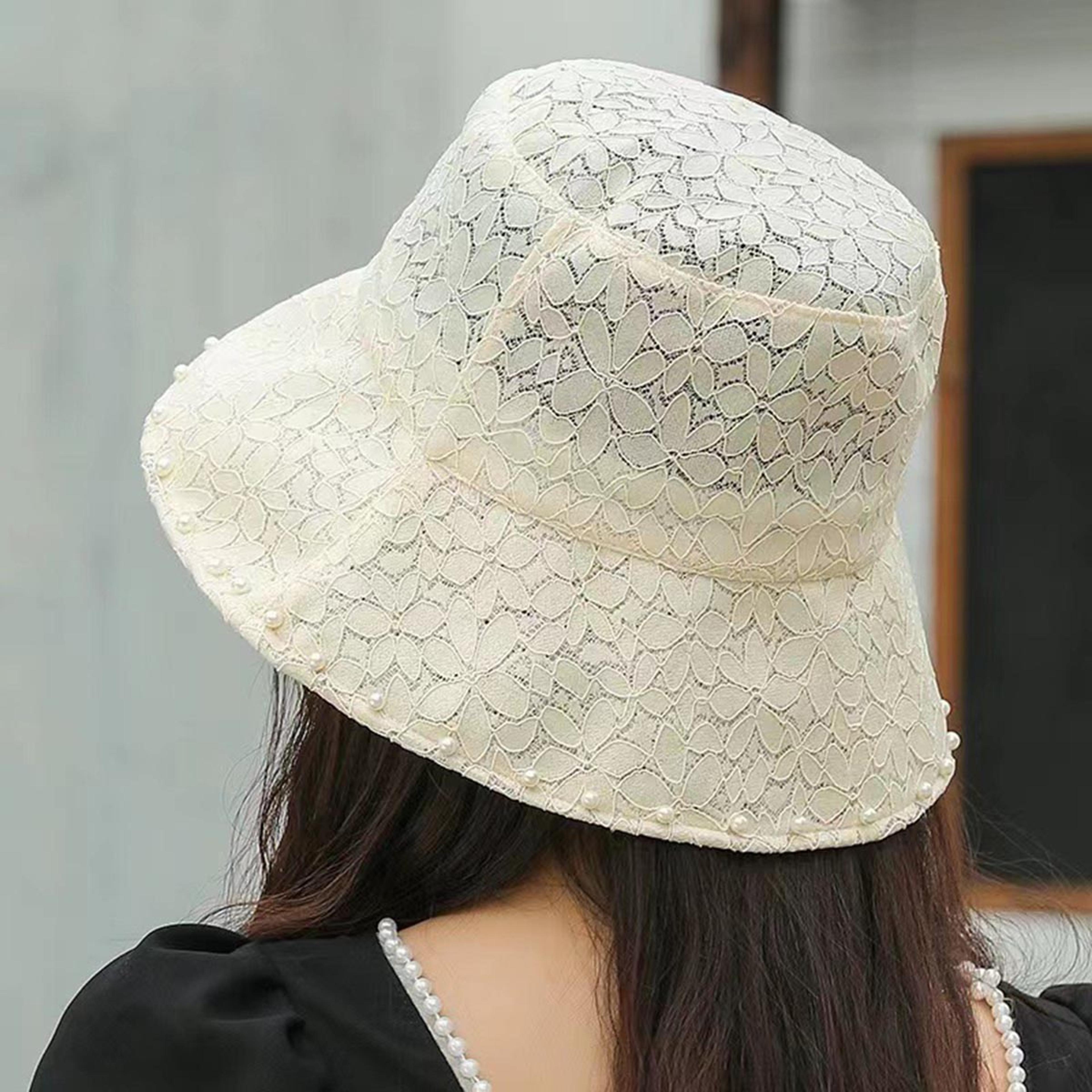 elegance lace pearl bucket hat wide brim summer sun visor