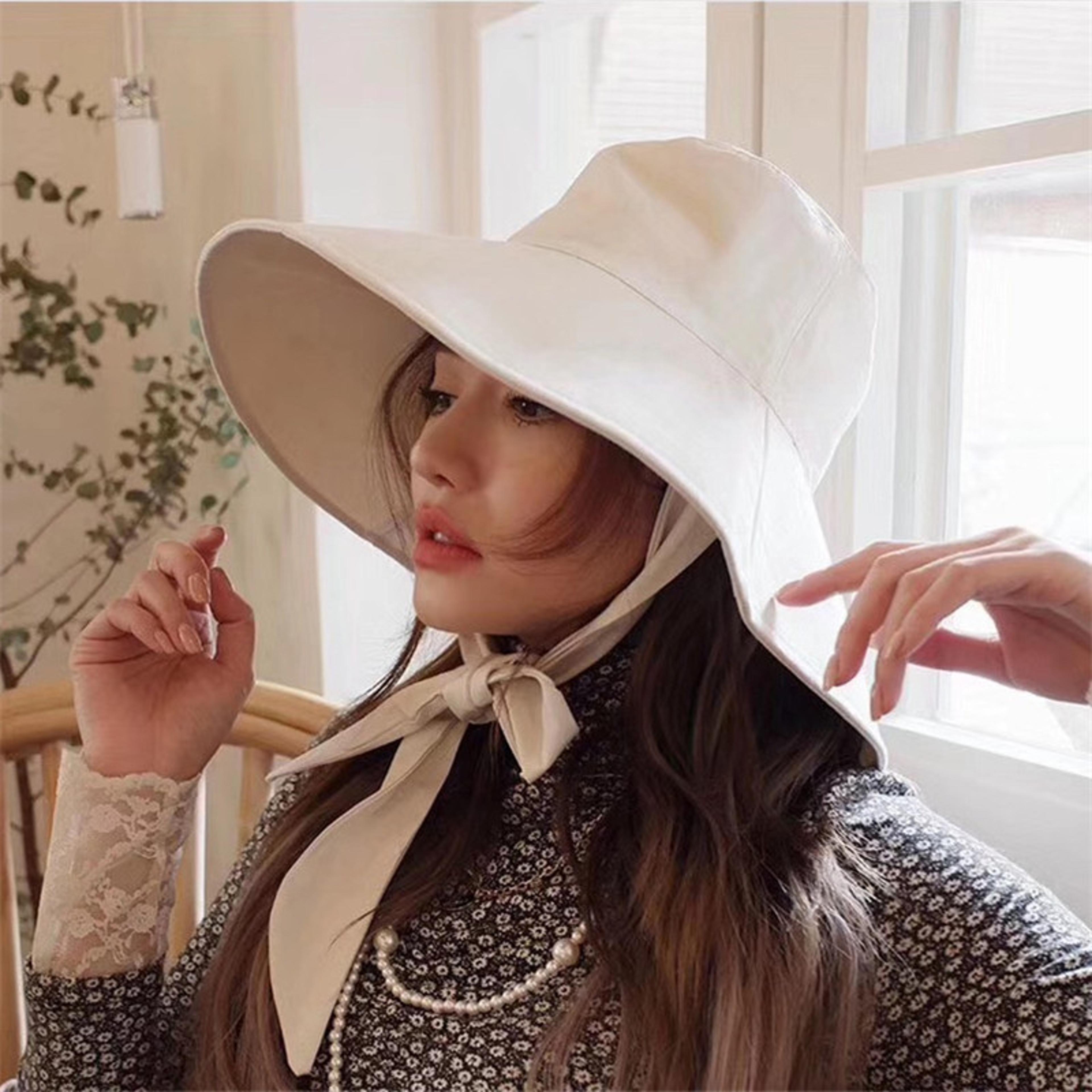 chic wide brim bucket hat – foldable cotton linen sun beach hat with tie
