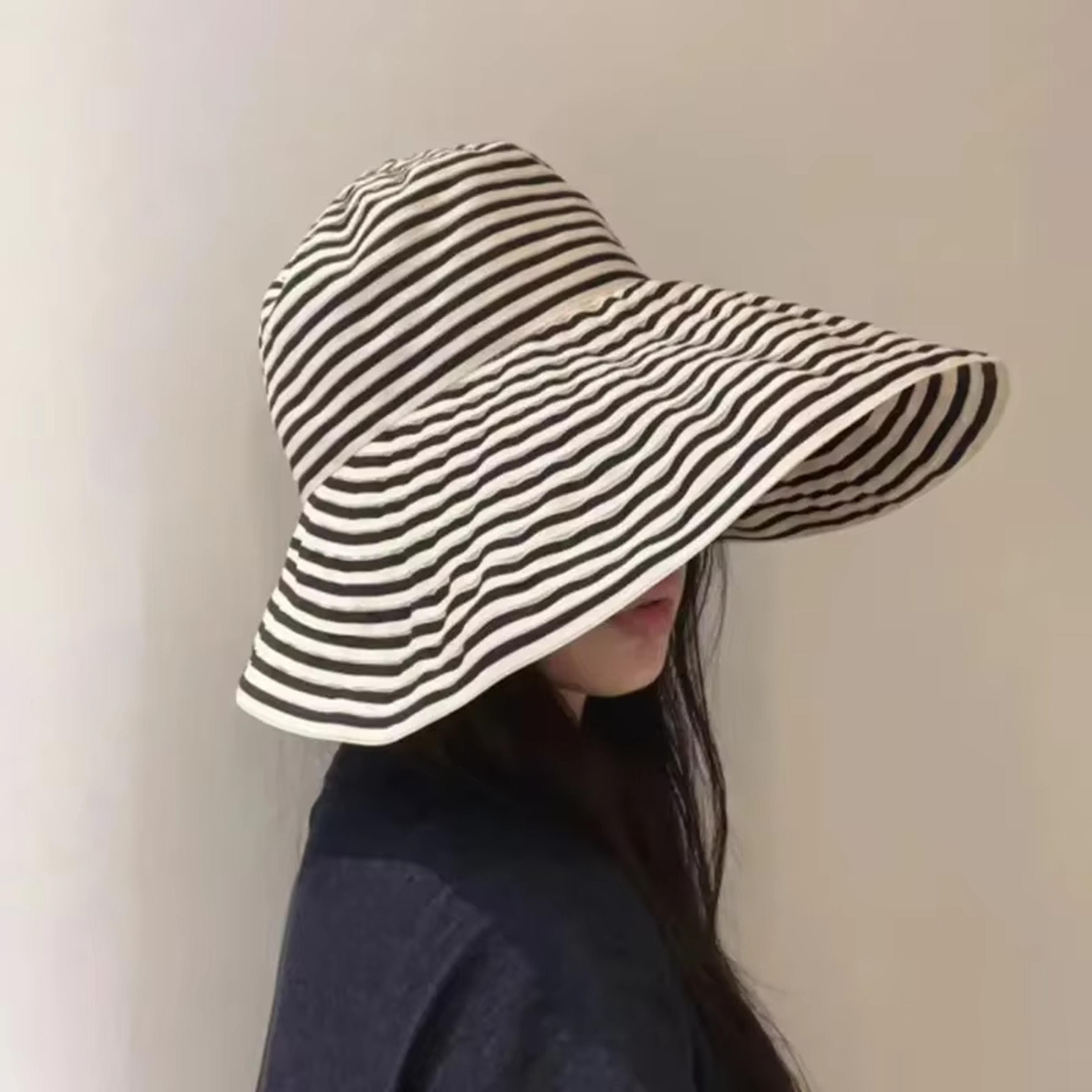 foldable summer striped straw fisherman hat with windproof strap