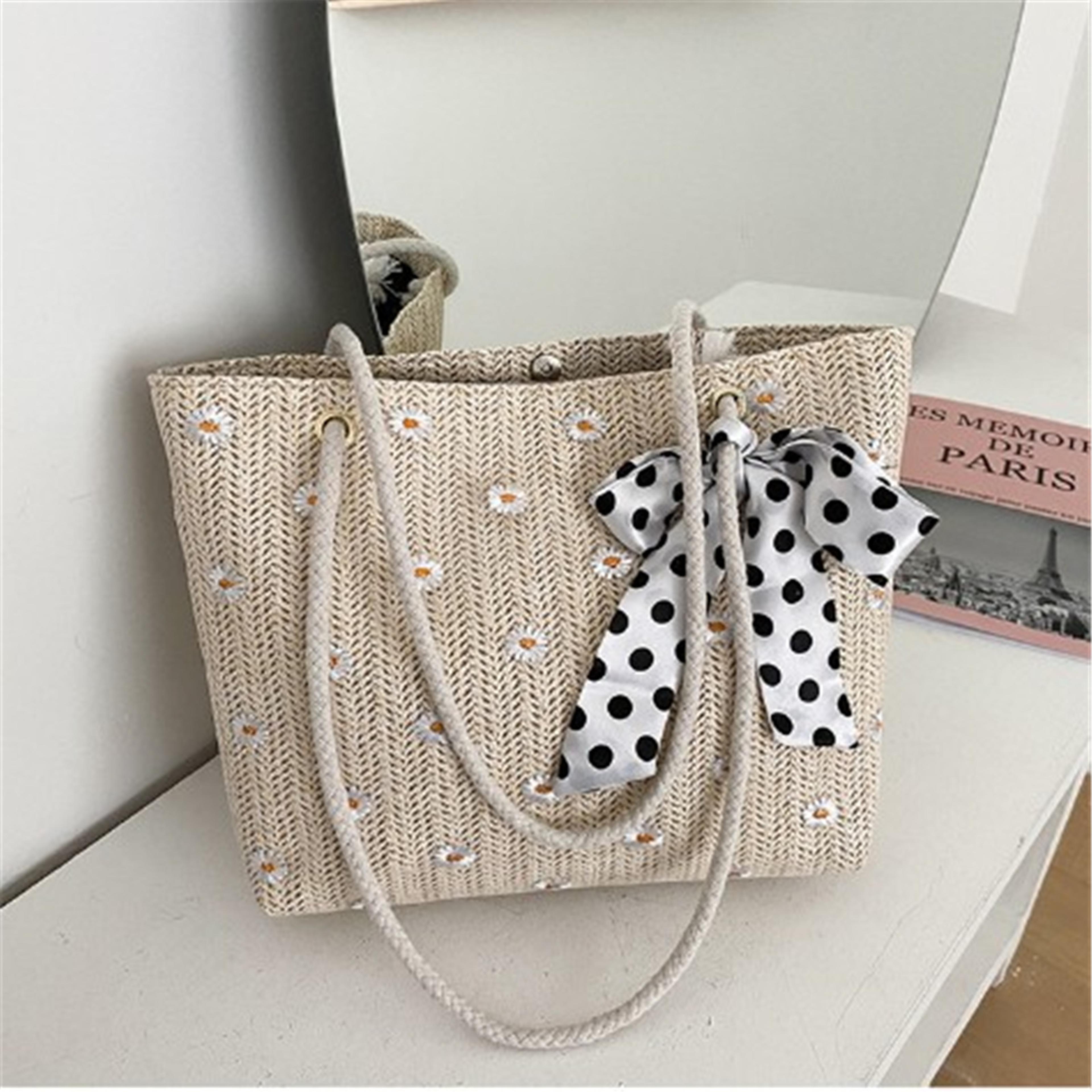 embroidered flower straw beach tote bag: lace accent large capacity summer handbag for women