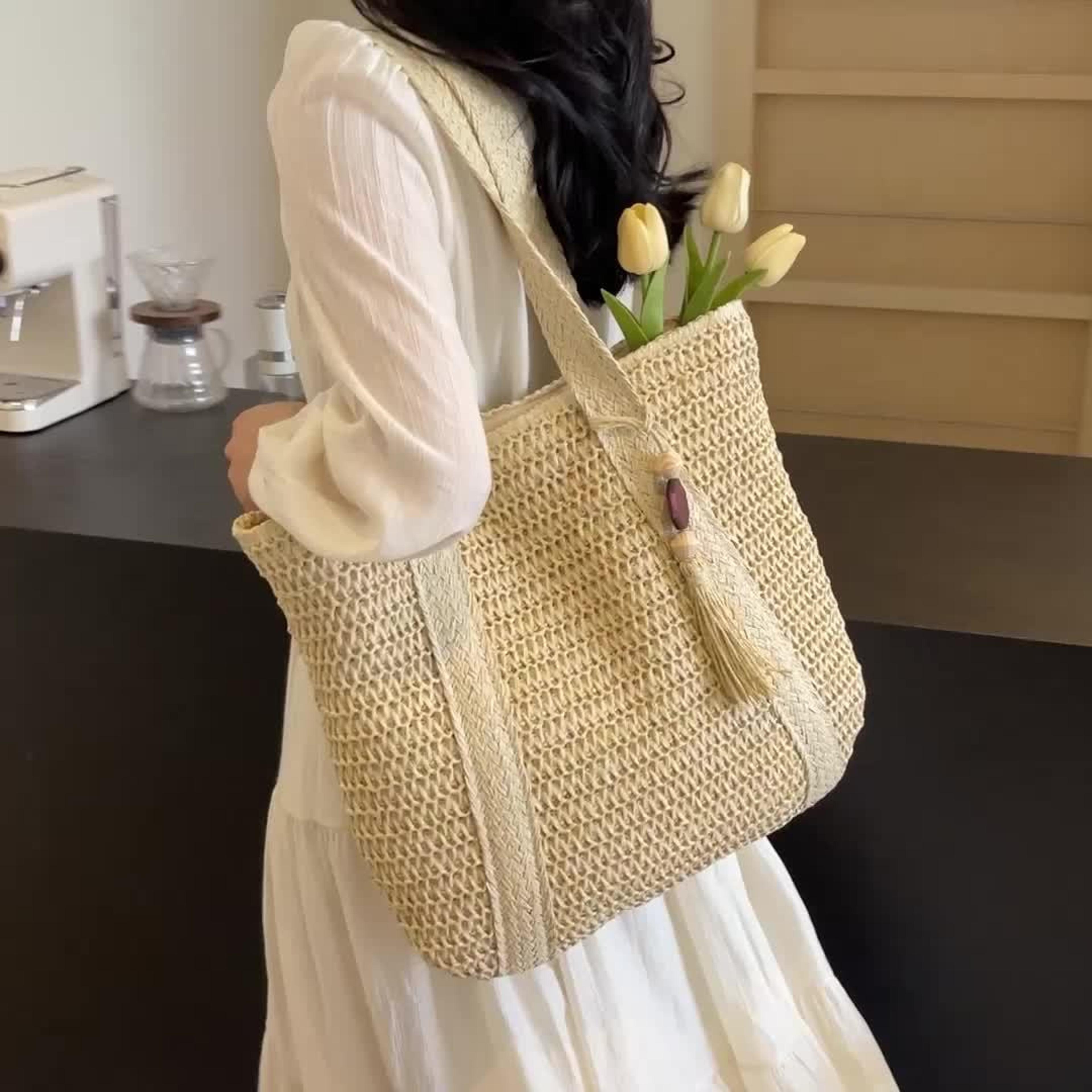 woven straw tote bag handcrafted summer beach shoulder purse