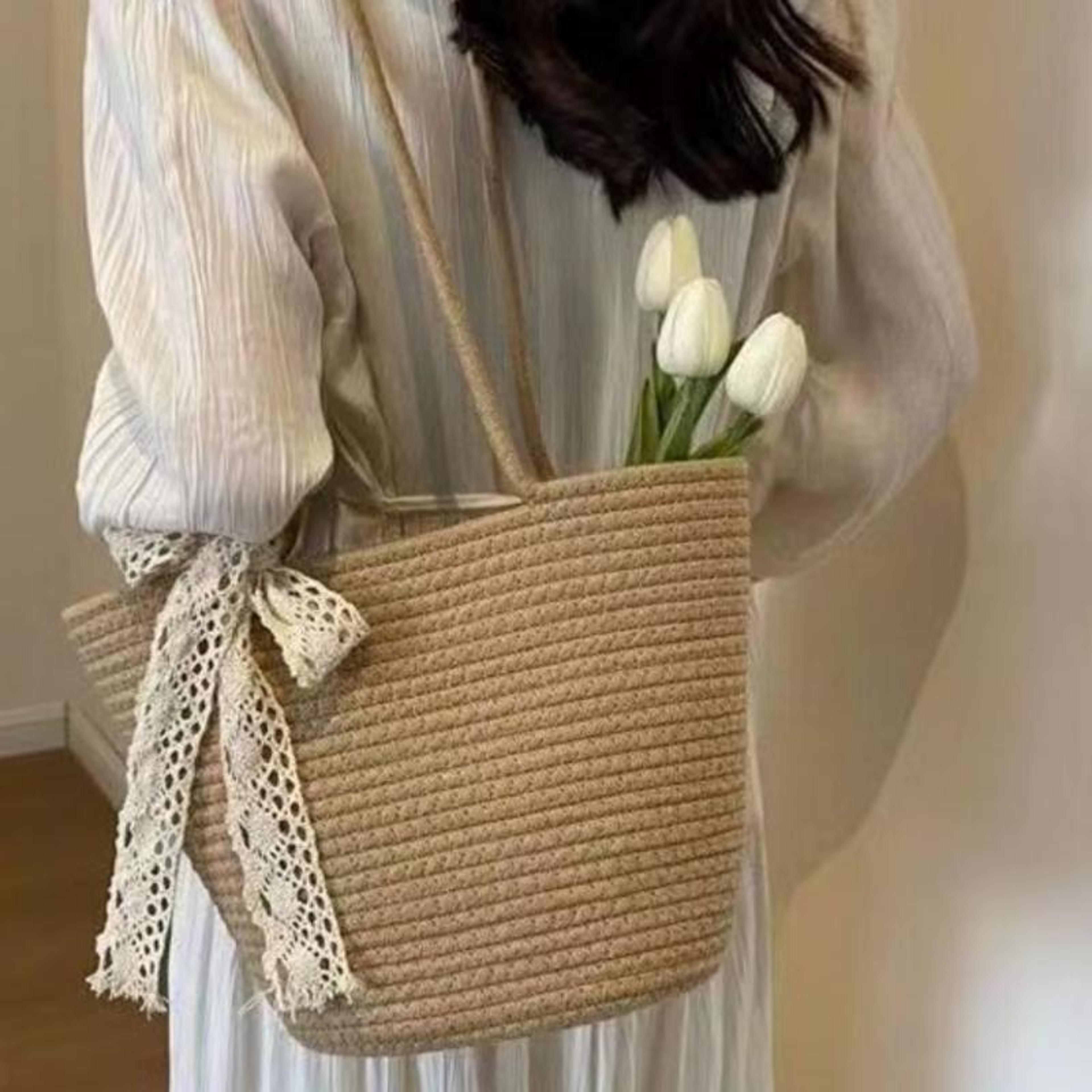 french style straw woven bag – large capacity summer beach vacation shoulder tote