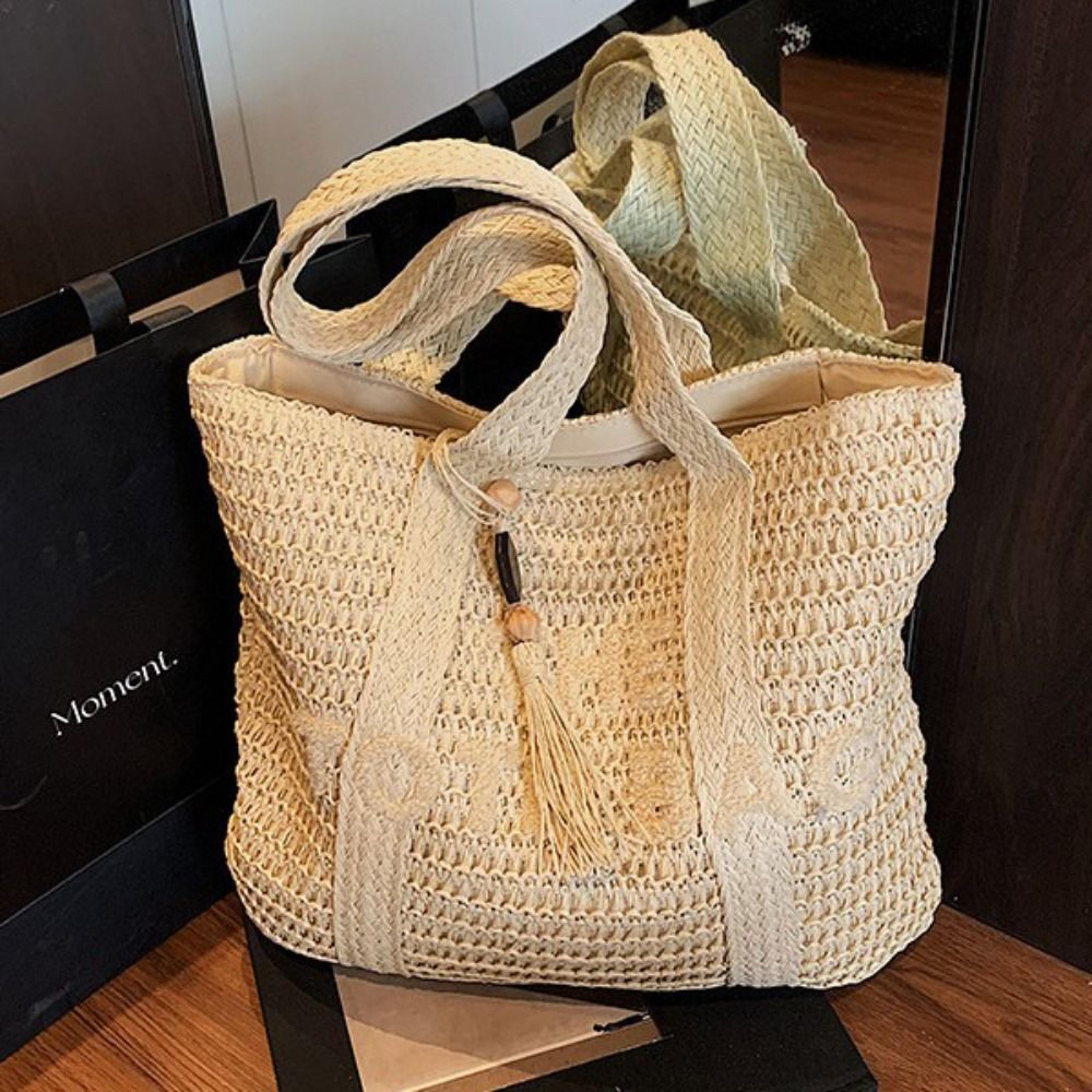 boho straw beach bag with tassel