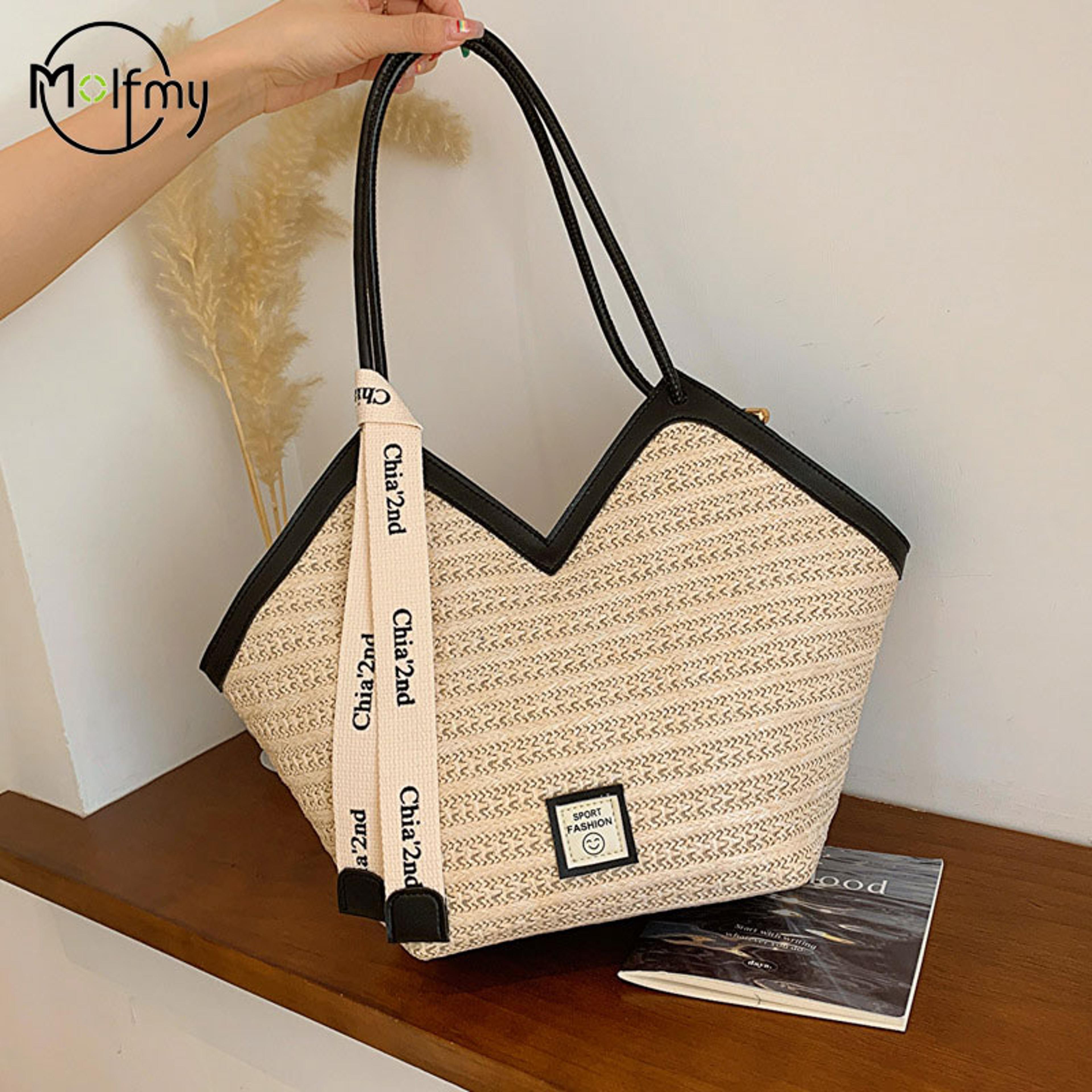 vintage handmade woven shoulder bag large capacity rattan bag for beach & summer vacation