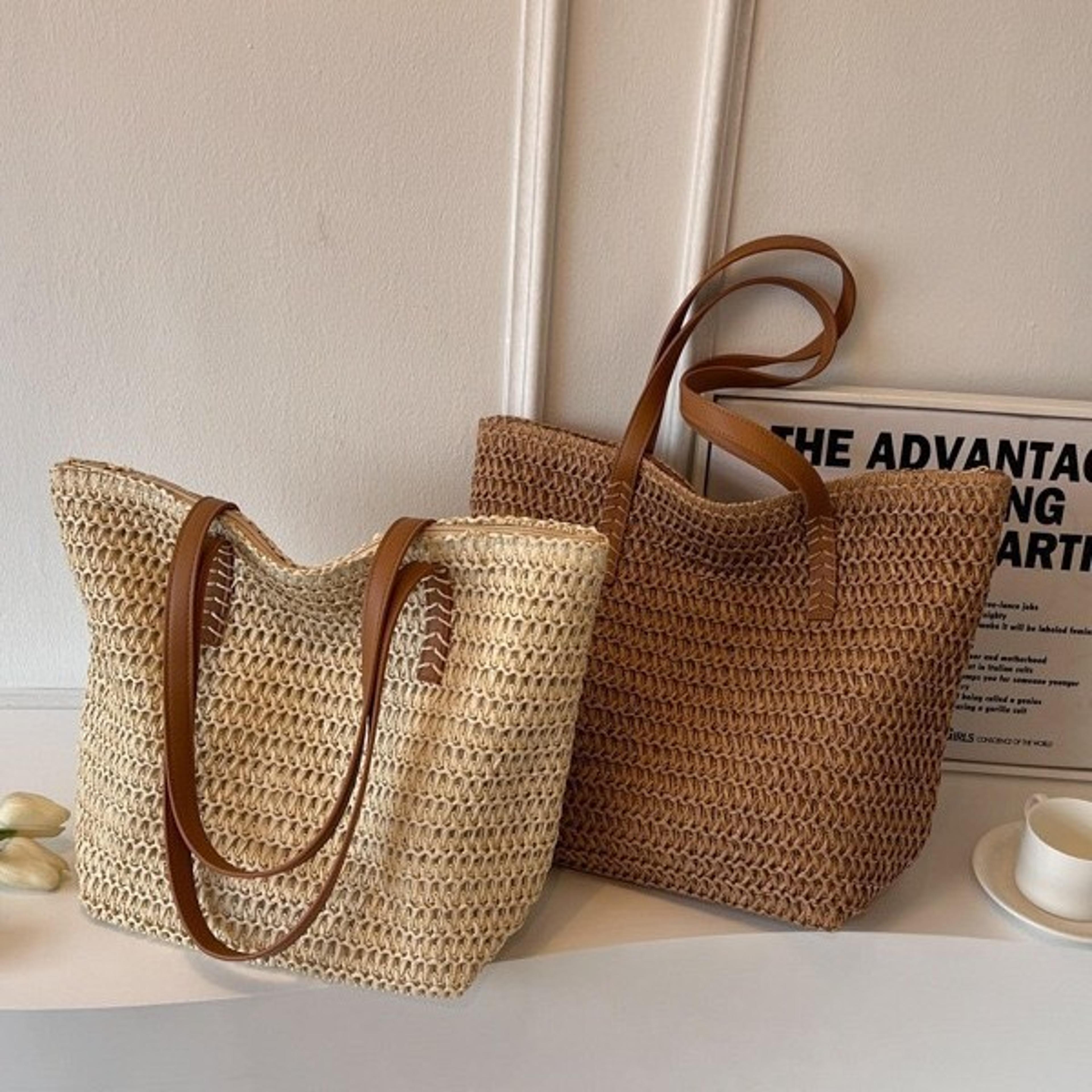 handmade straw woven tote bag – versatile summer beach vacation & commuting shoulder bag