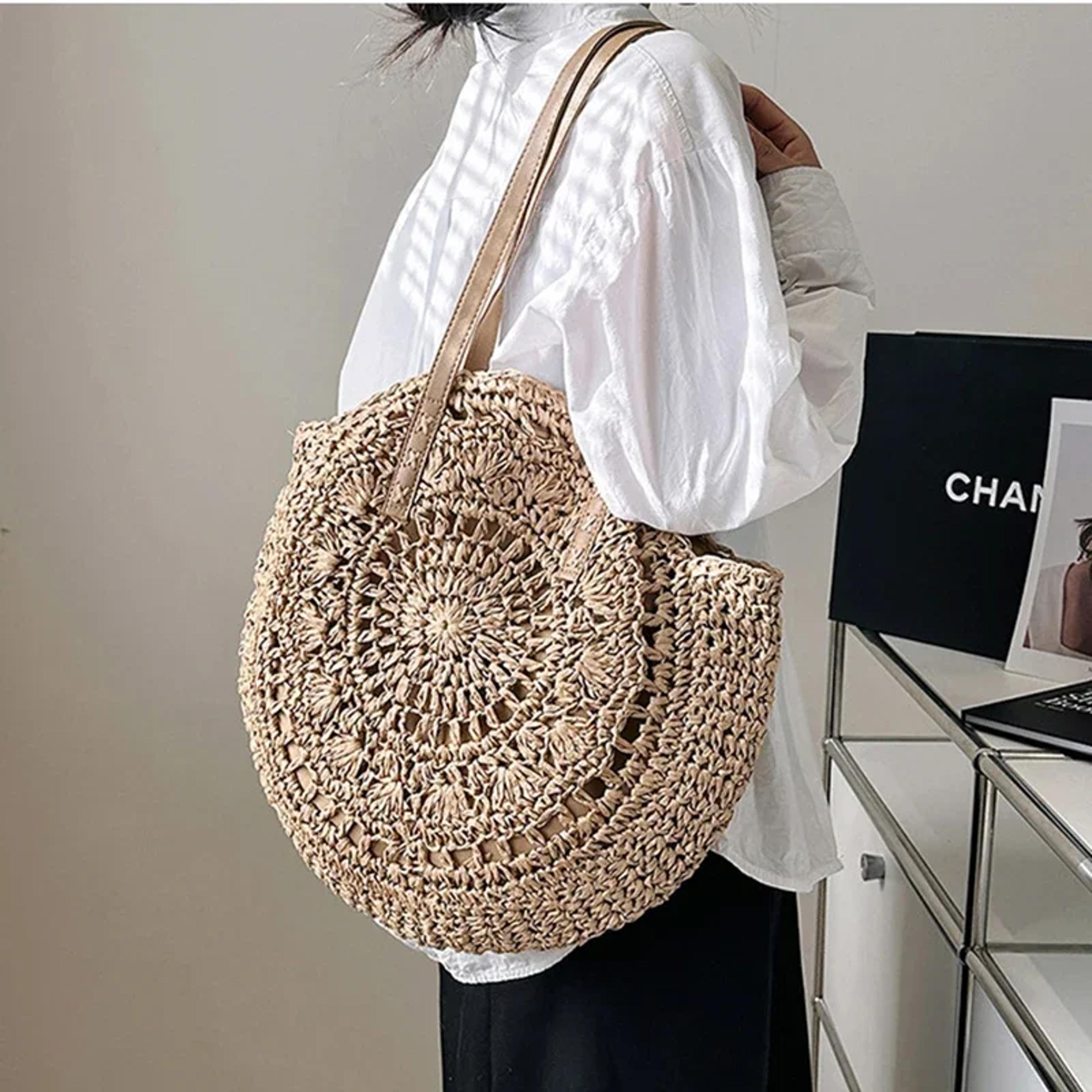 handcrafted woven straw beach bag large capacity hollow out round shoulder tote for summer vacation