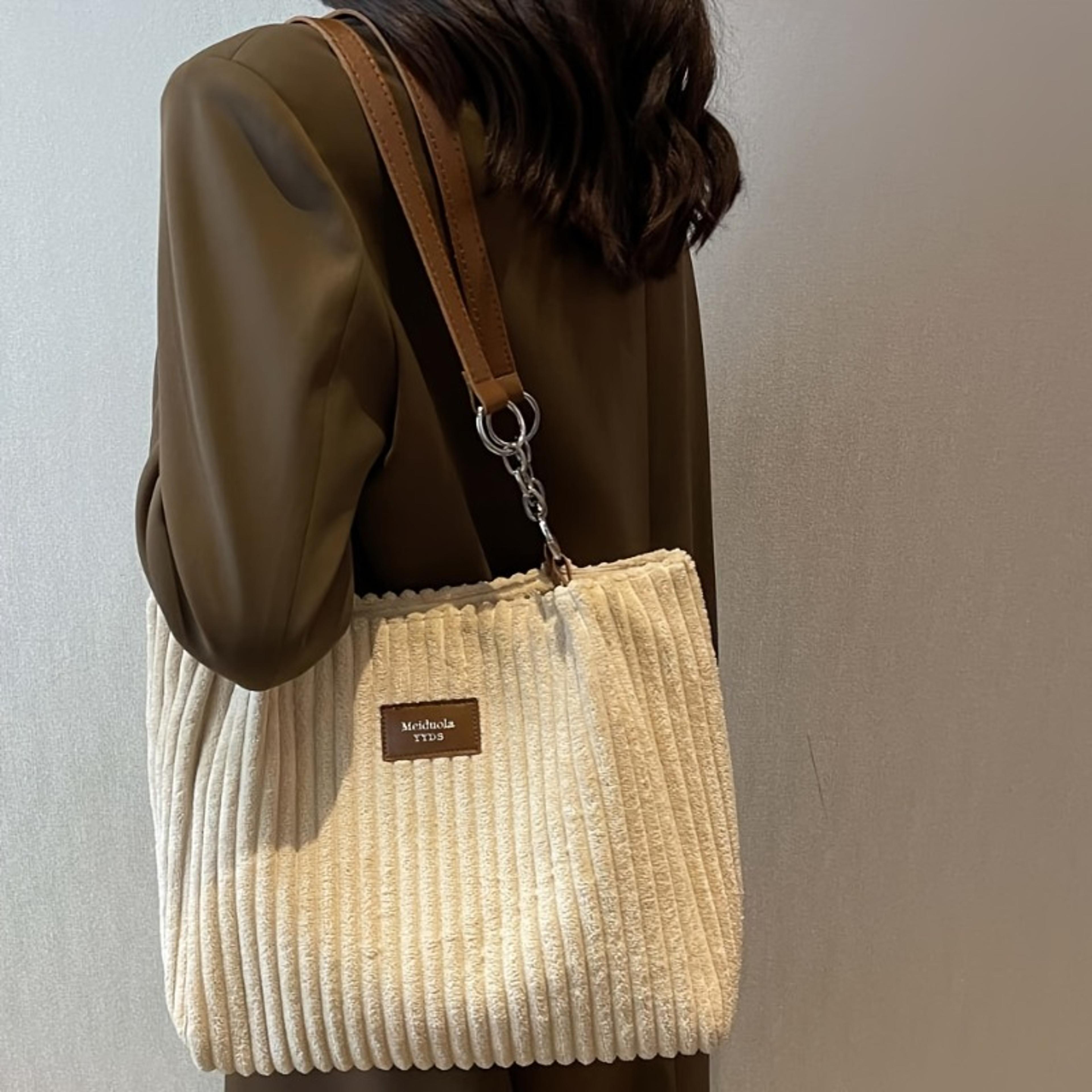chic corduroy shoulder bag – spacious everyday tote purse with fashion chain accent