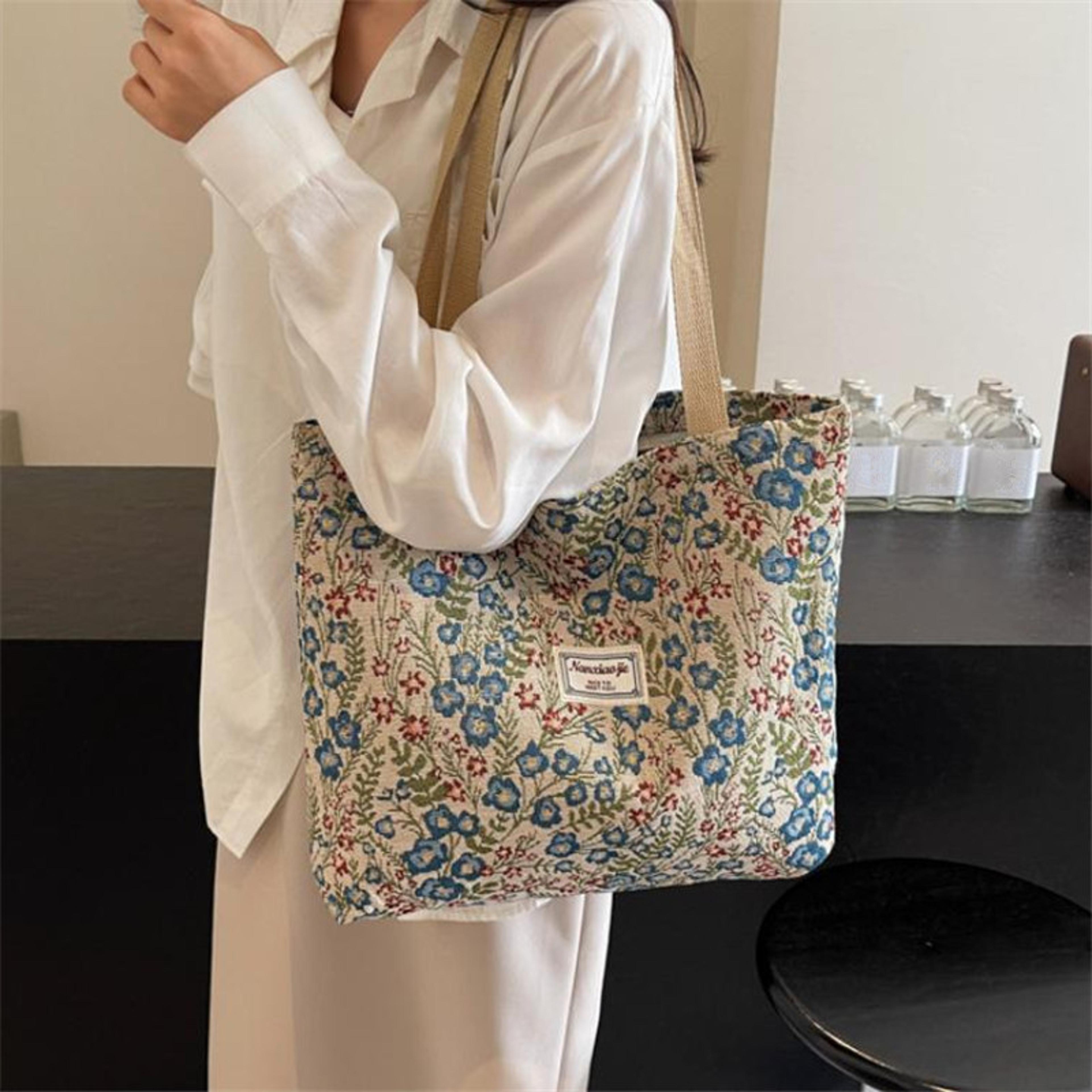 embroidery floral canvas handbags delicate blossom pattern shoulder tote bag