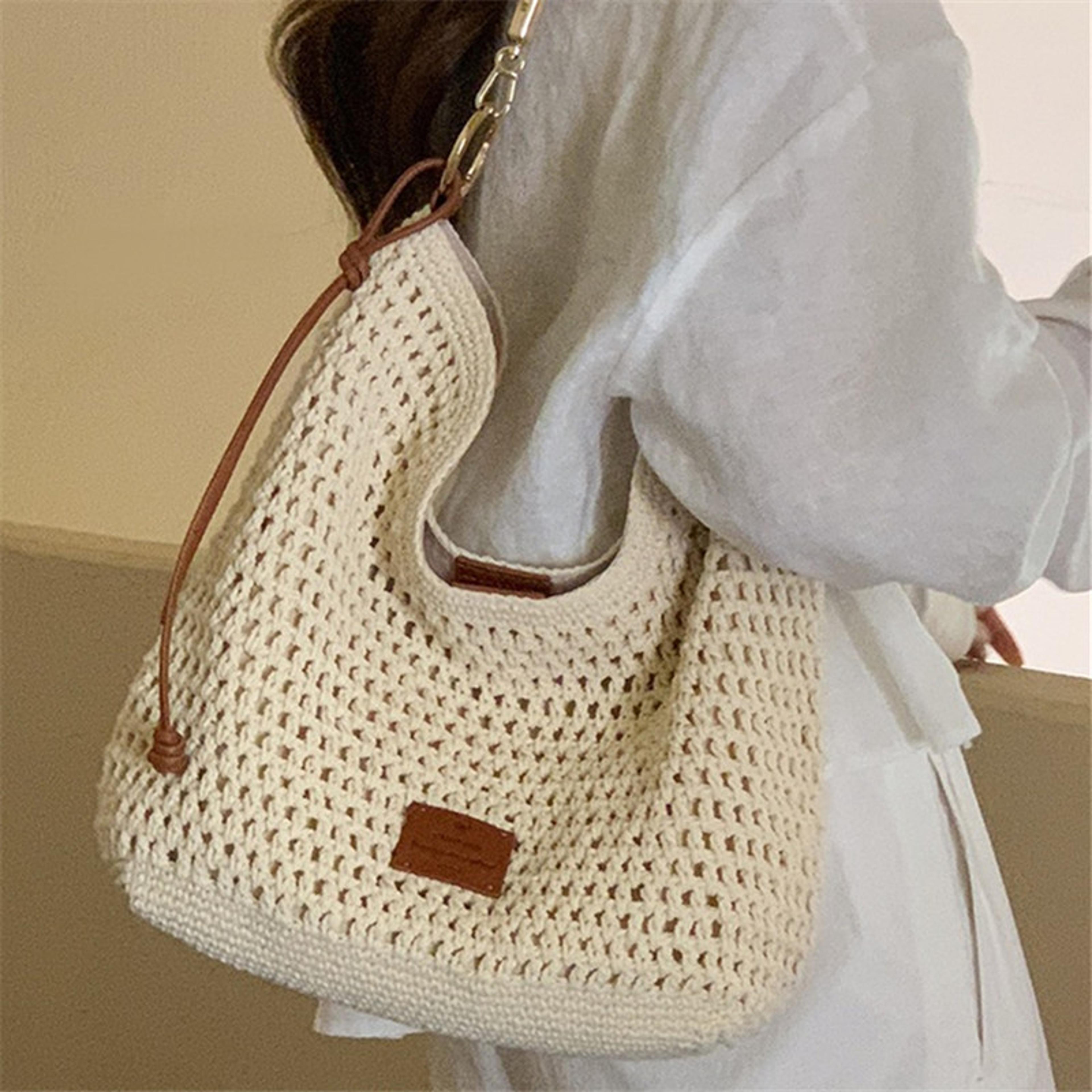 summer woven beach bag with round leather shoulder strap chic hollow knit tote
