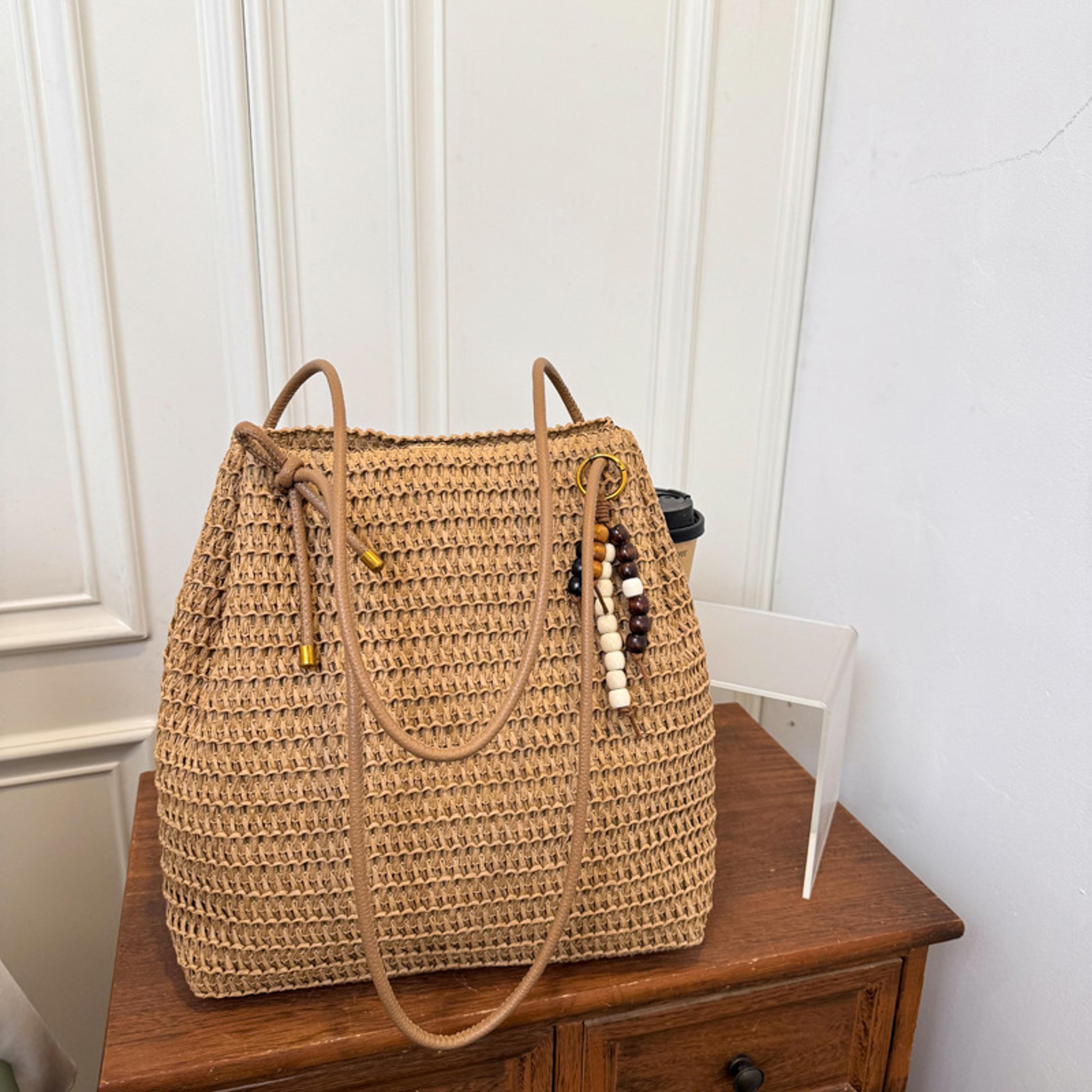 korean style large straw woven tote beach bag
