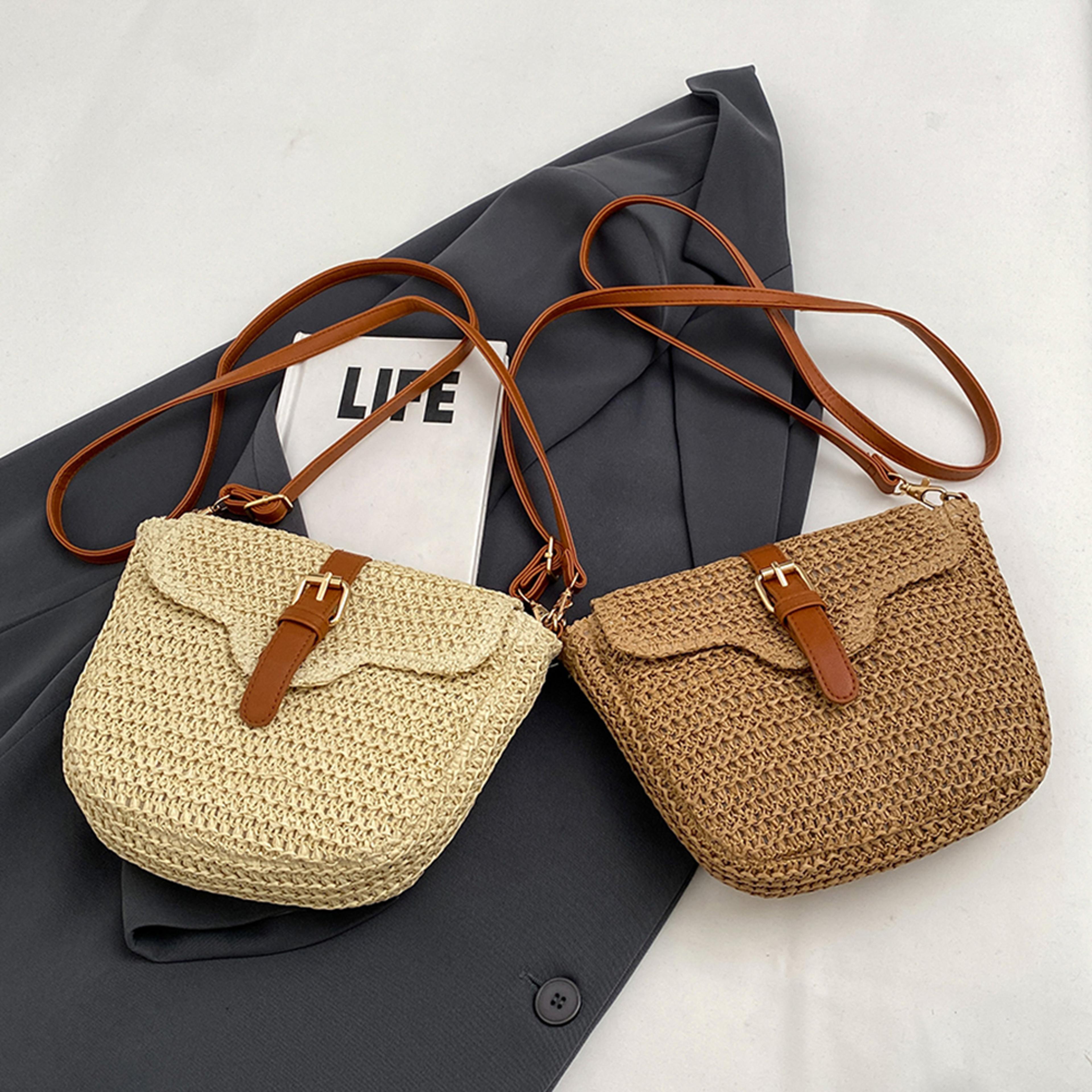 boho summer woven straw tote bag - handmade crossbody beach bag with adjustable straps