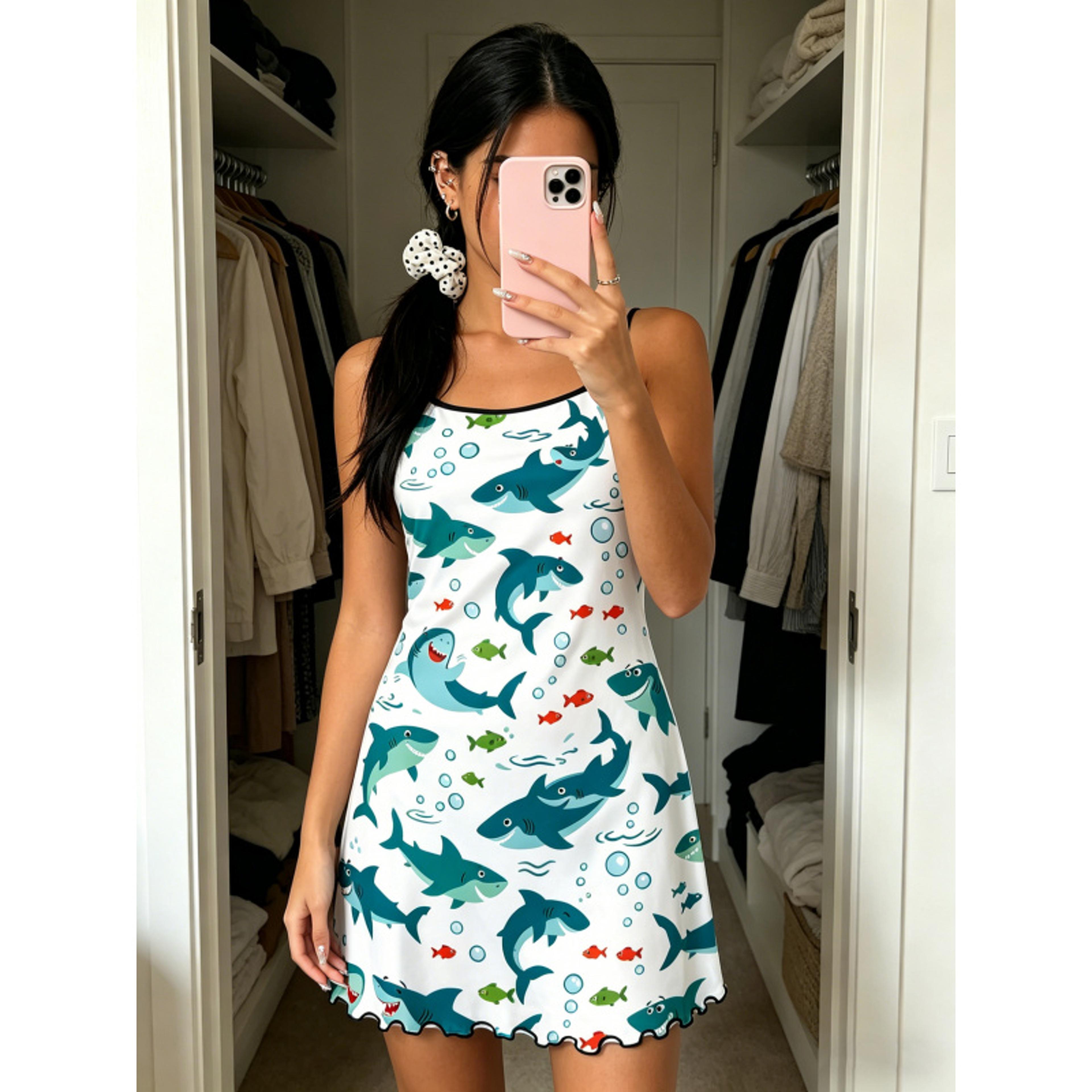 cute cartoon shark print summer nightdress ruffle trim spaghetti strap loungewear sleep dress