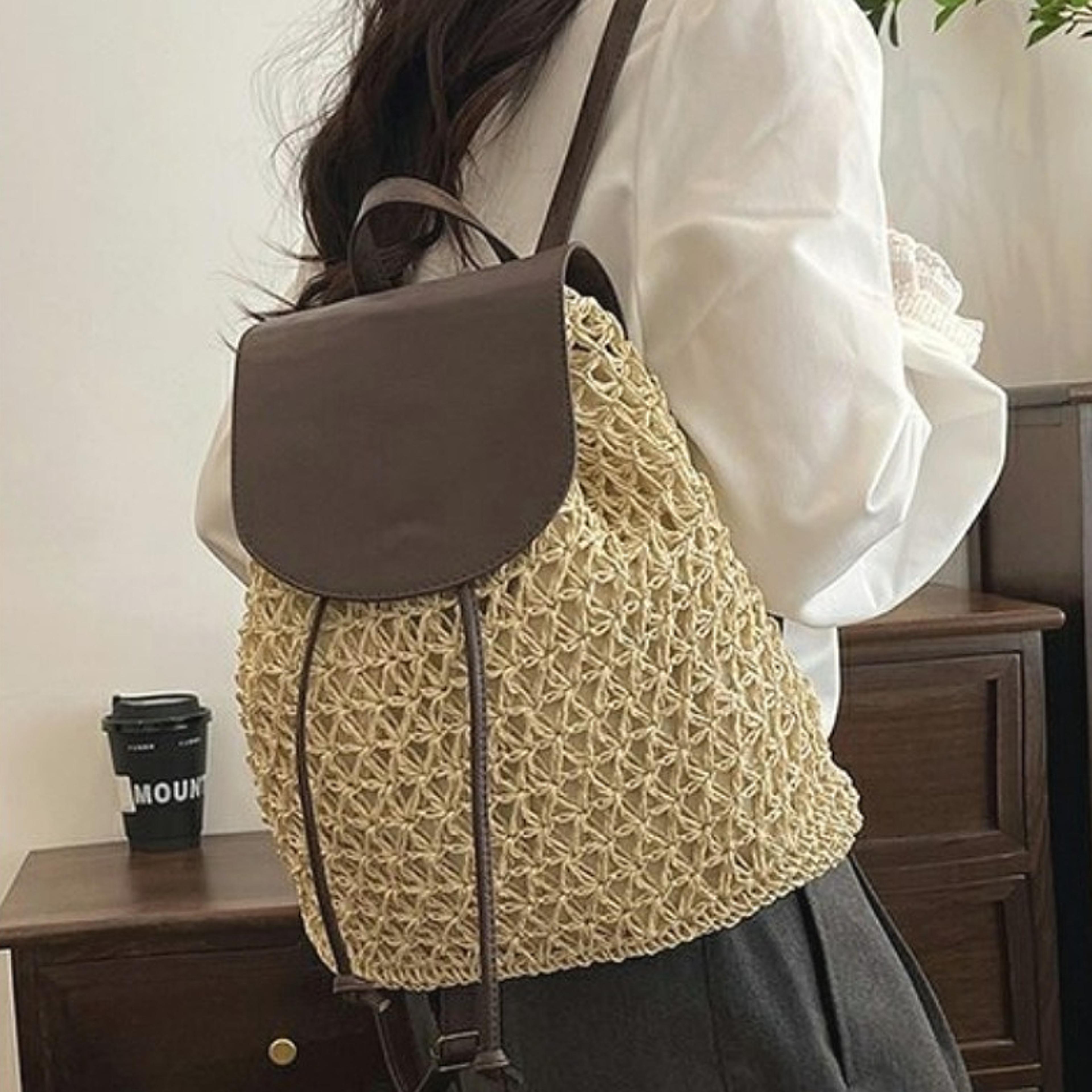 women boho straw backpack crochet woven beach travel shoulder bag