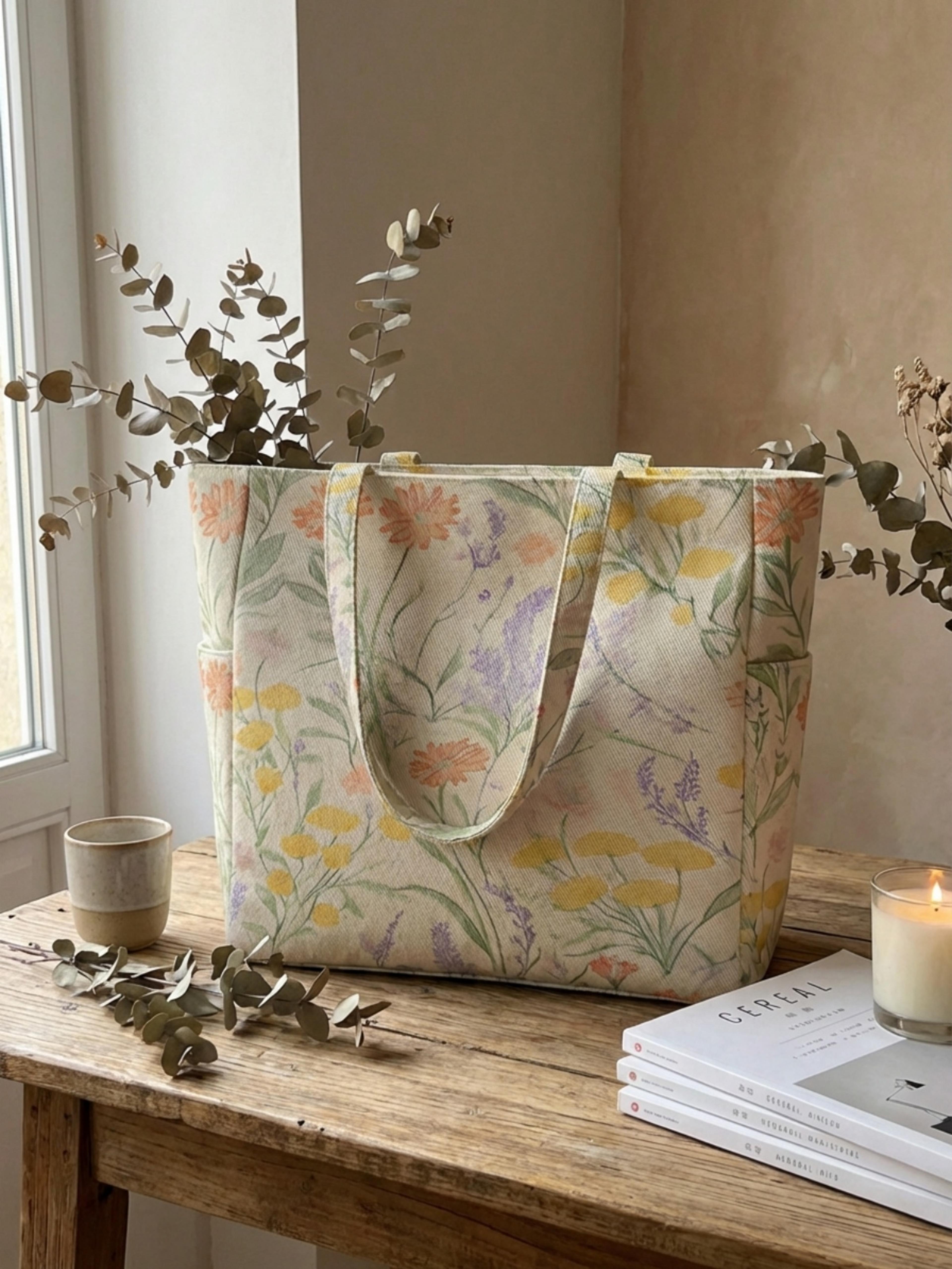 floral printed canvas tote bag large capacity casual shoulder bag & handbag for women