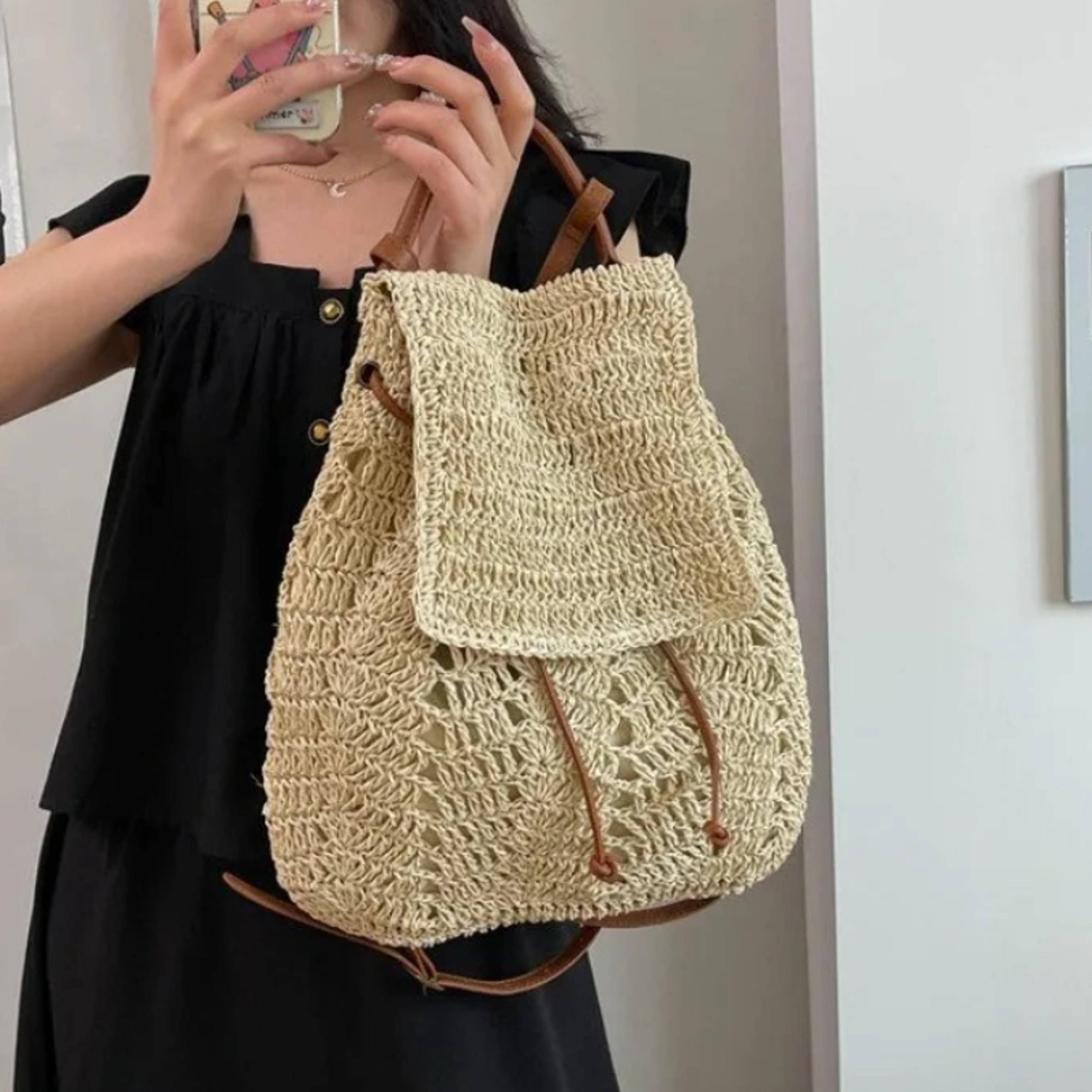 boho straw drawstring backpack large capacity summer beach bag for women