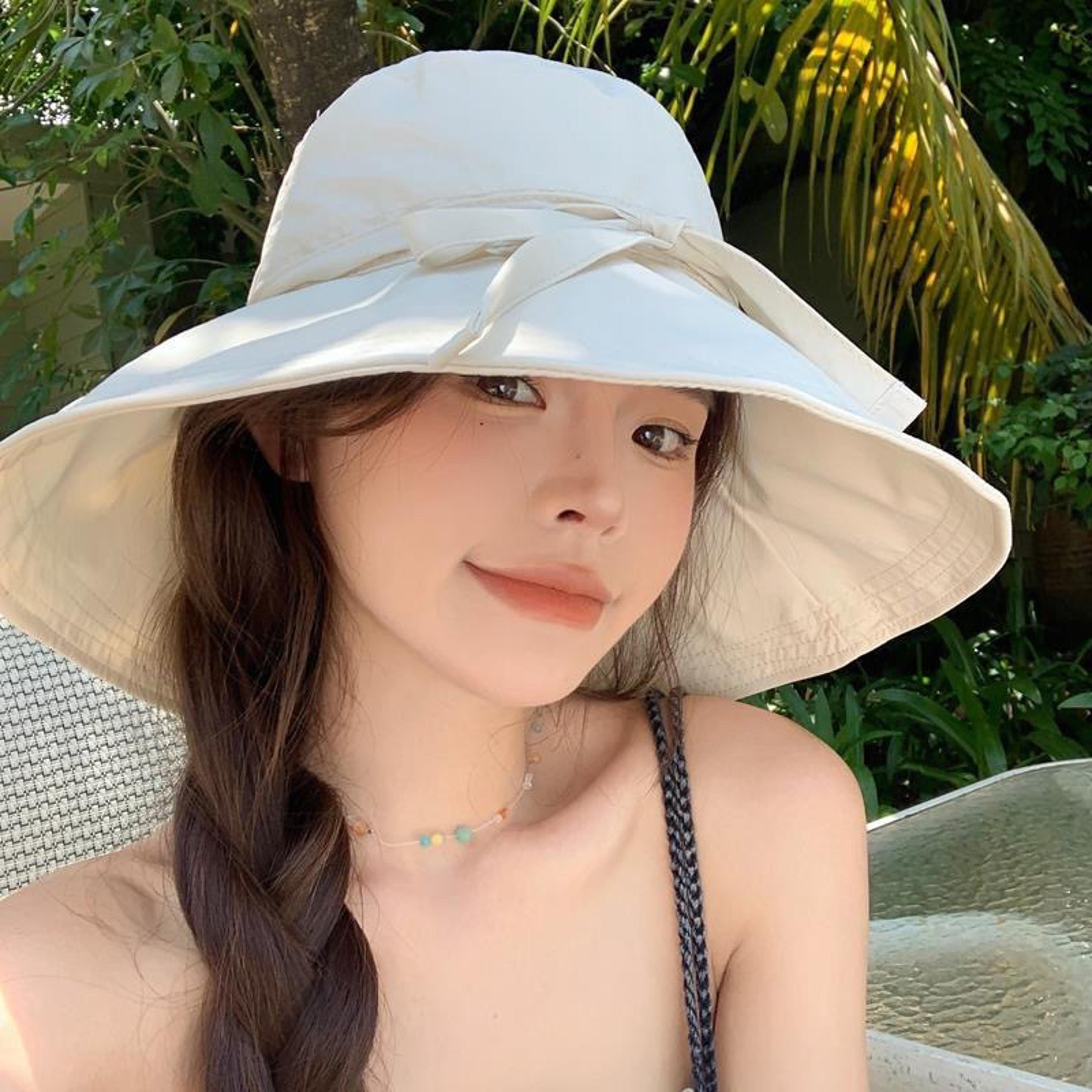 women wide brim sun hat lace-up bowknot uv protection bucket cap