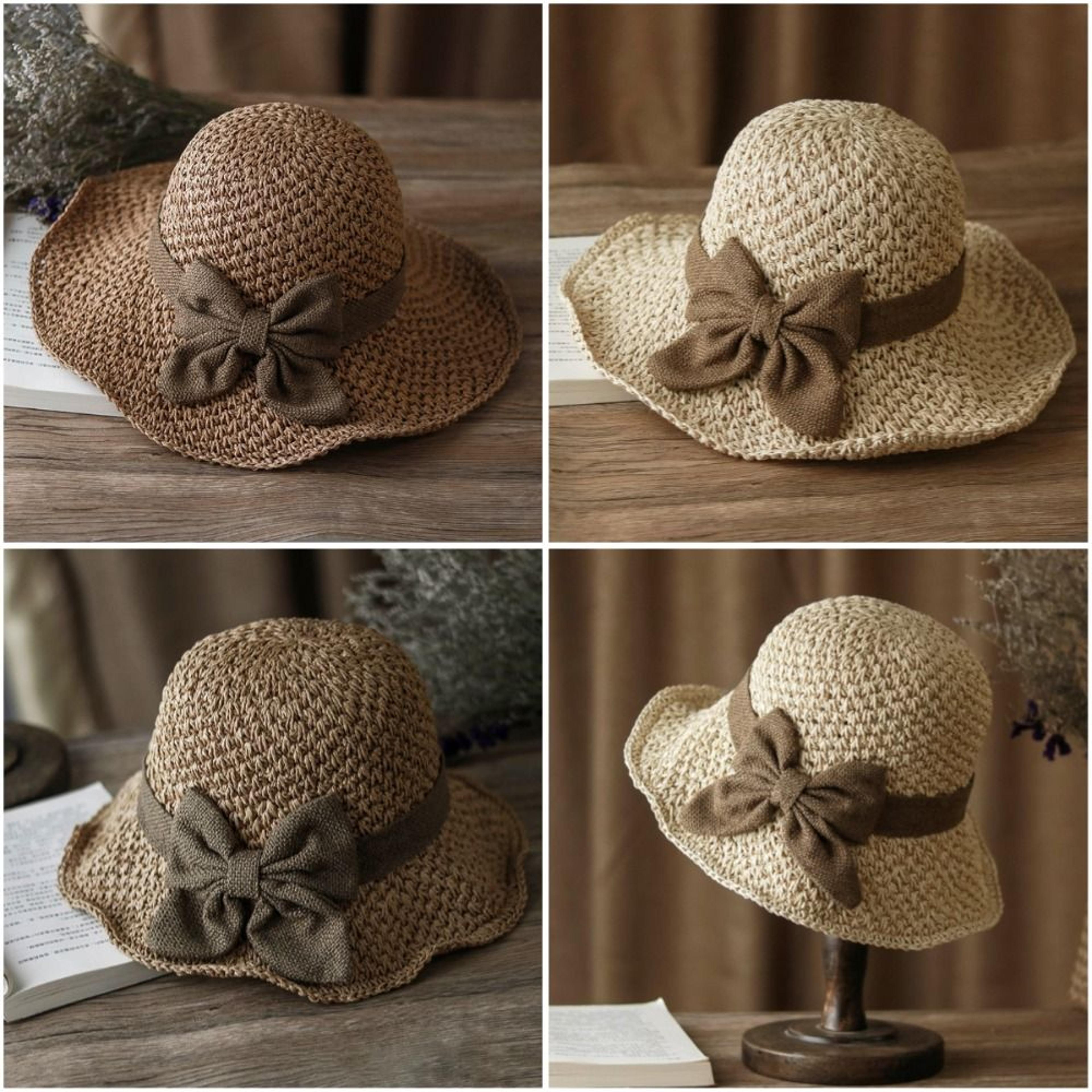 vintage wide brim straw sun hat - foldable summer beach cap with elegant bow