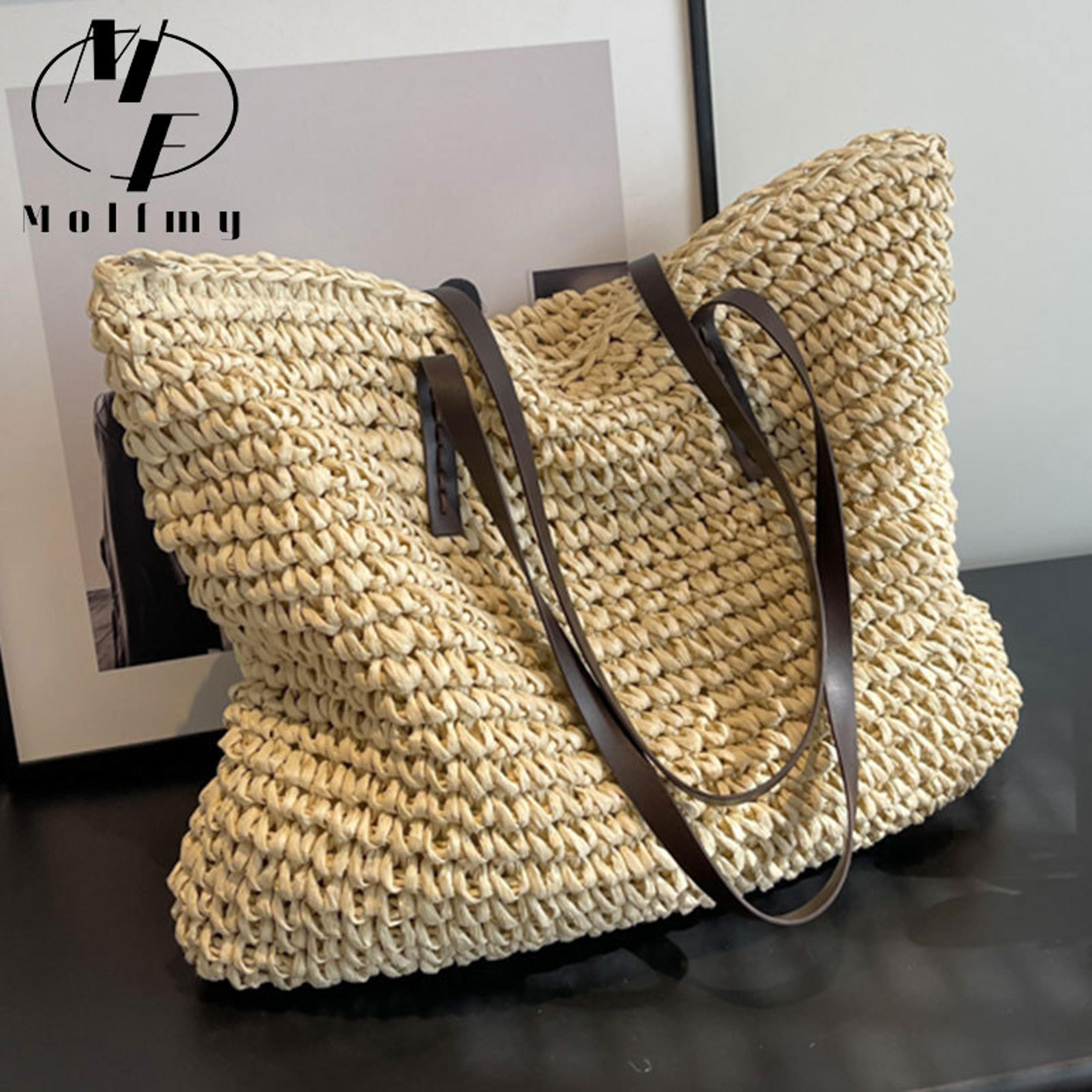 luxury straw woven tote bag – large capacity summer beach handbag and casual shoulder shopping bag